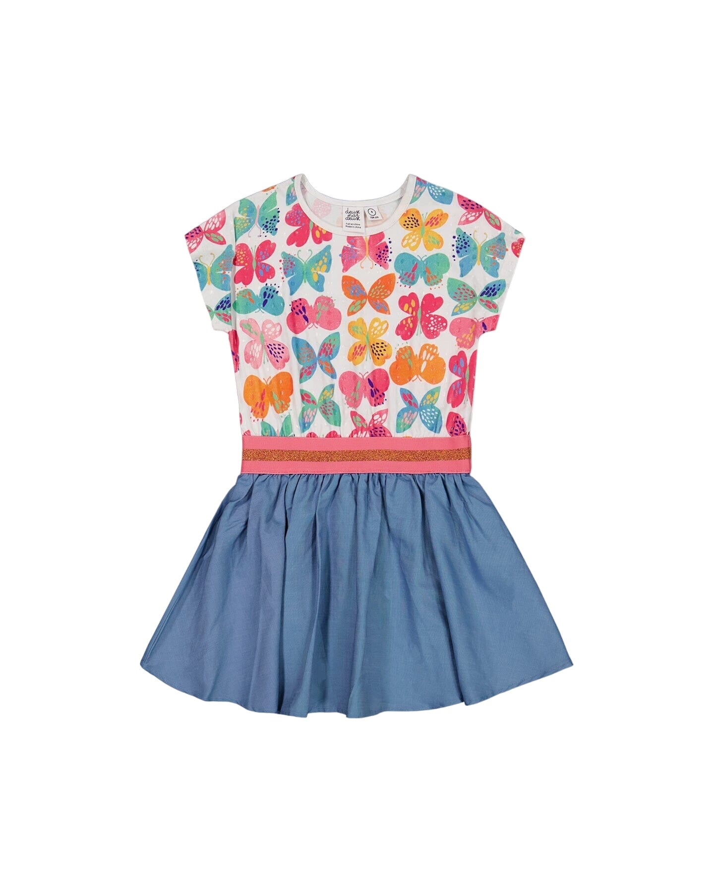 Bi-material Dress With Chambray Skirt And White Printed Butterflies