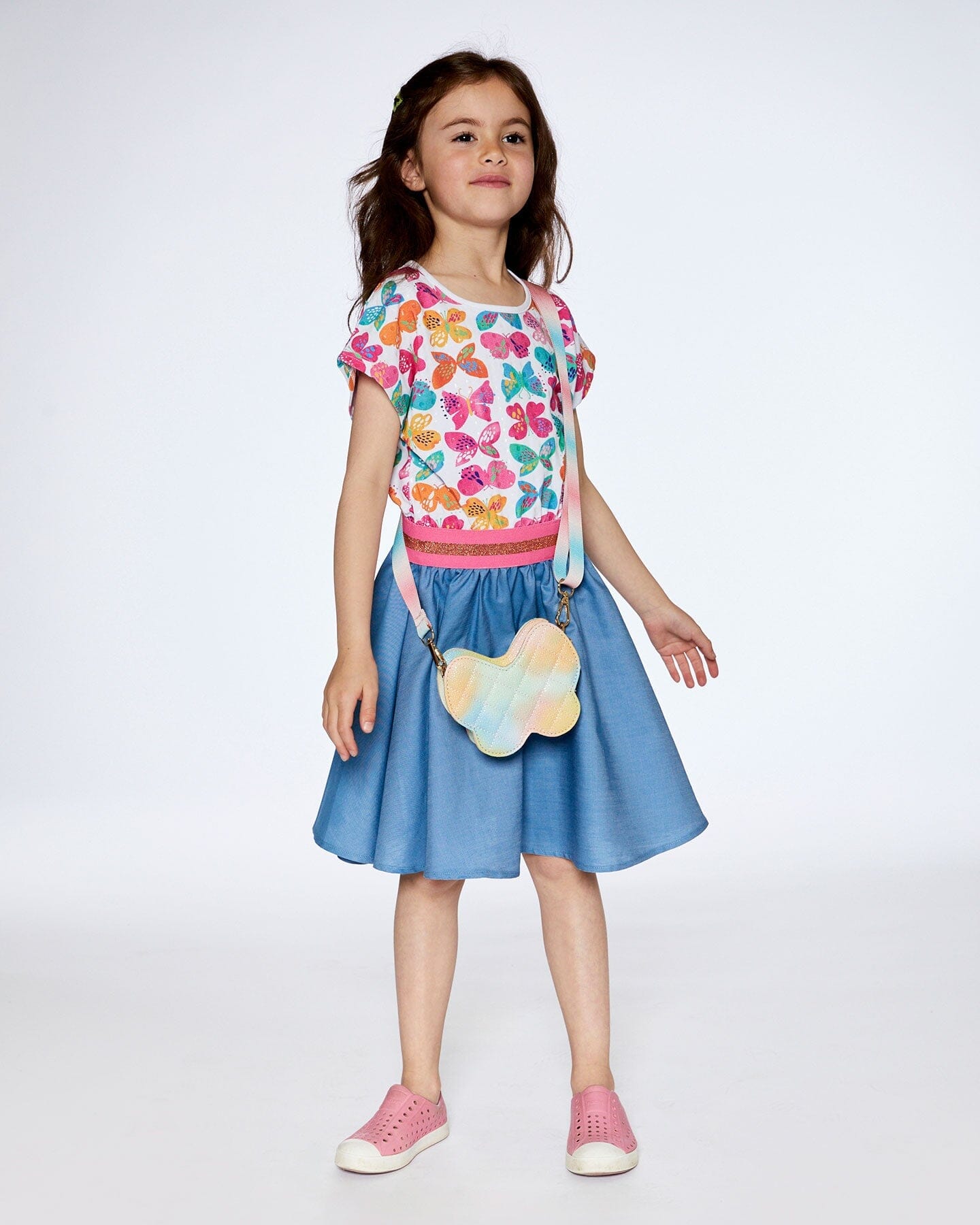 Bi-material Dress With Chambray Skirt And White Printed Butterflies