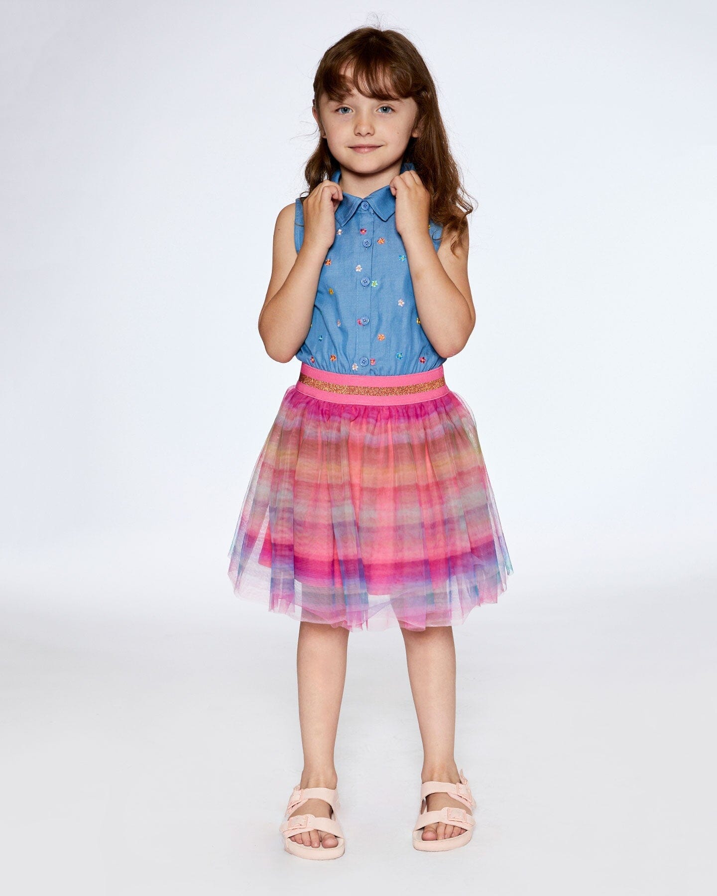 Chambray And Tulle Rainbow Mesh Dress