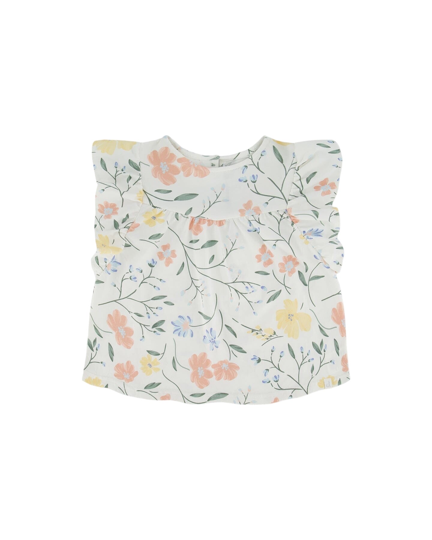 Jersey Top With Frill Sleeves Off While With Printed Romantic Flower