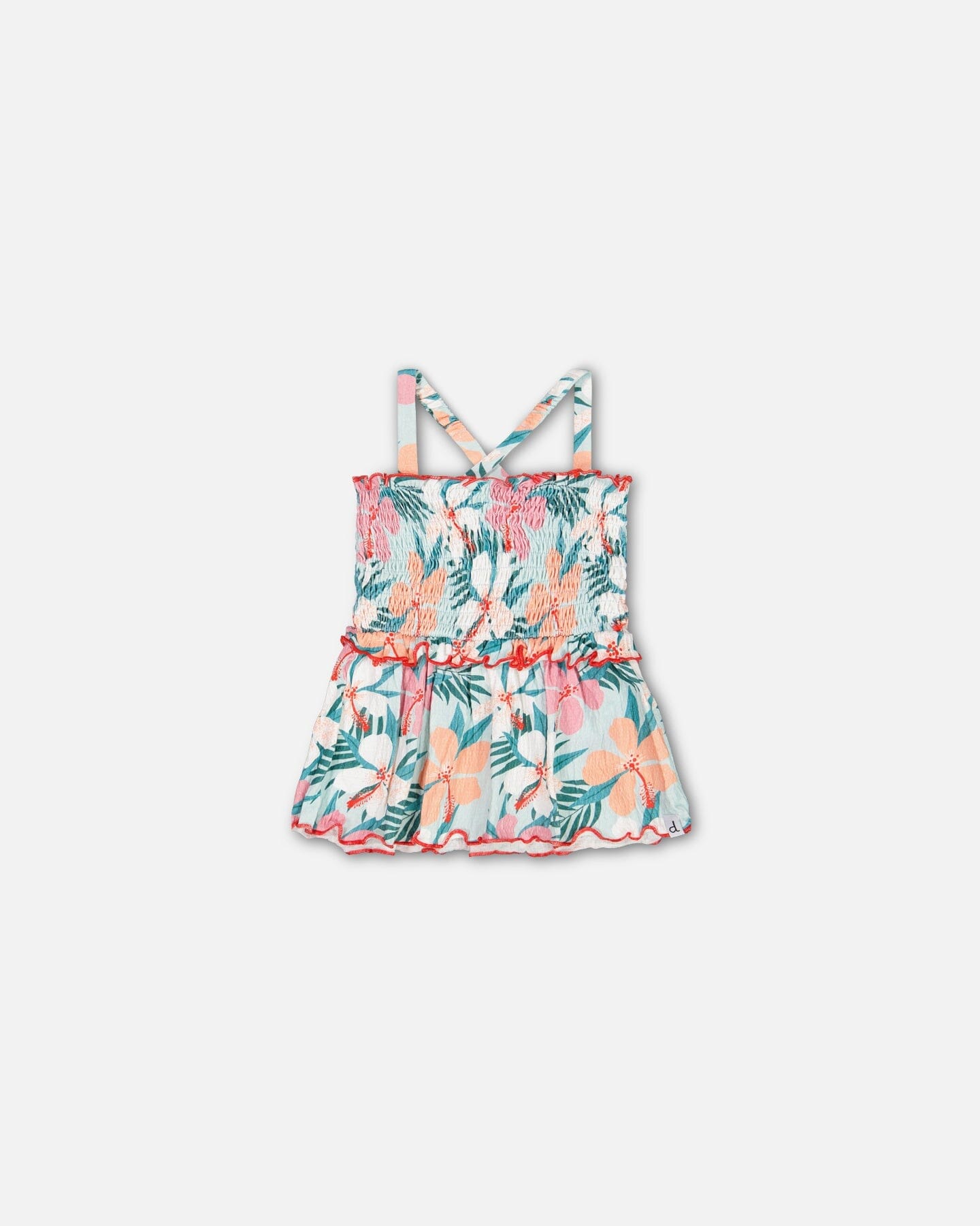 Sleeveless Smocked Top Blue Printed Beach Hibiscus