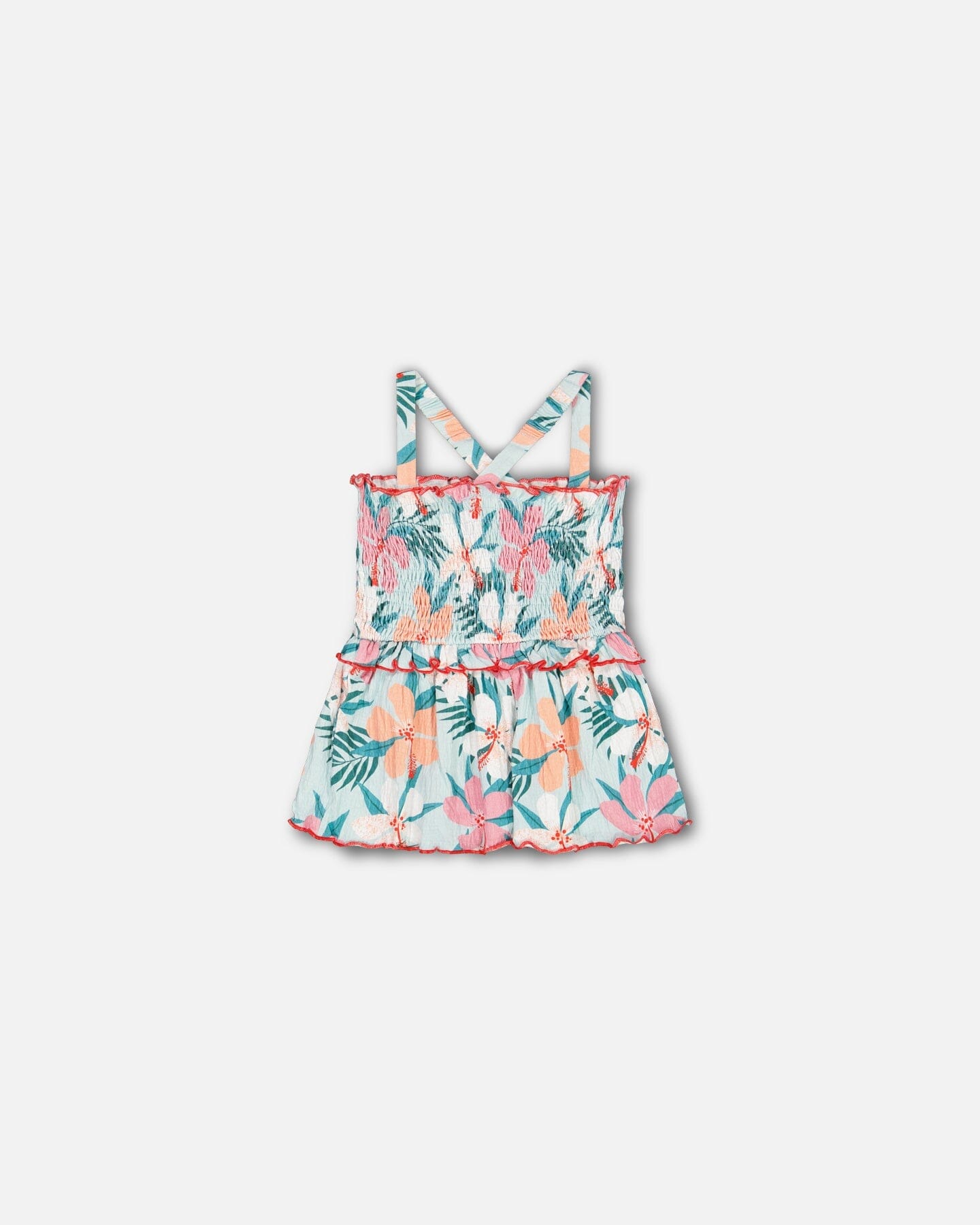 Sleeveless Smocked Top Blue Printed Beach Hibiscus