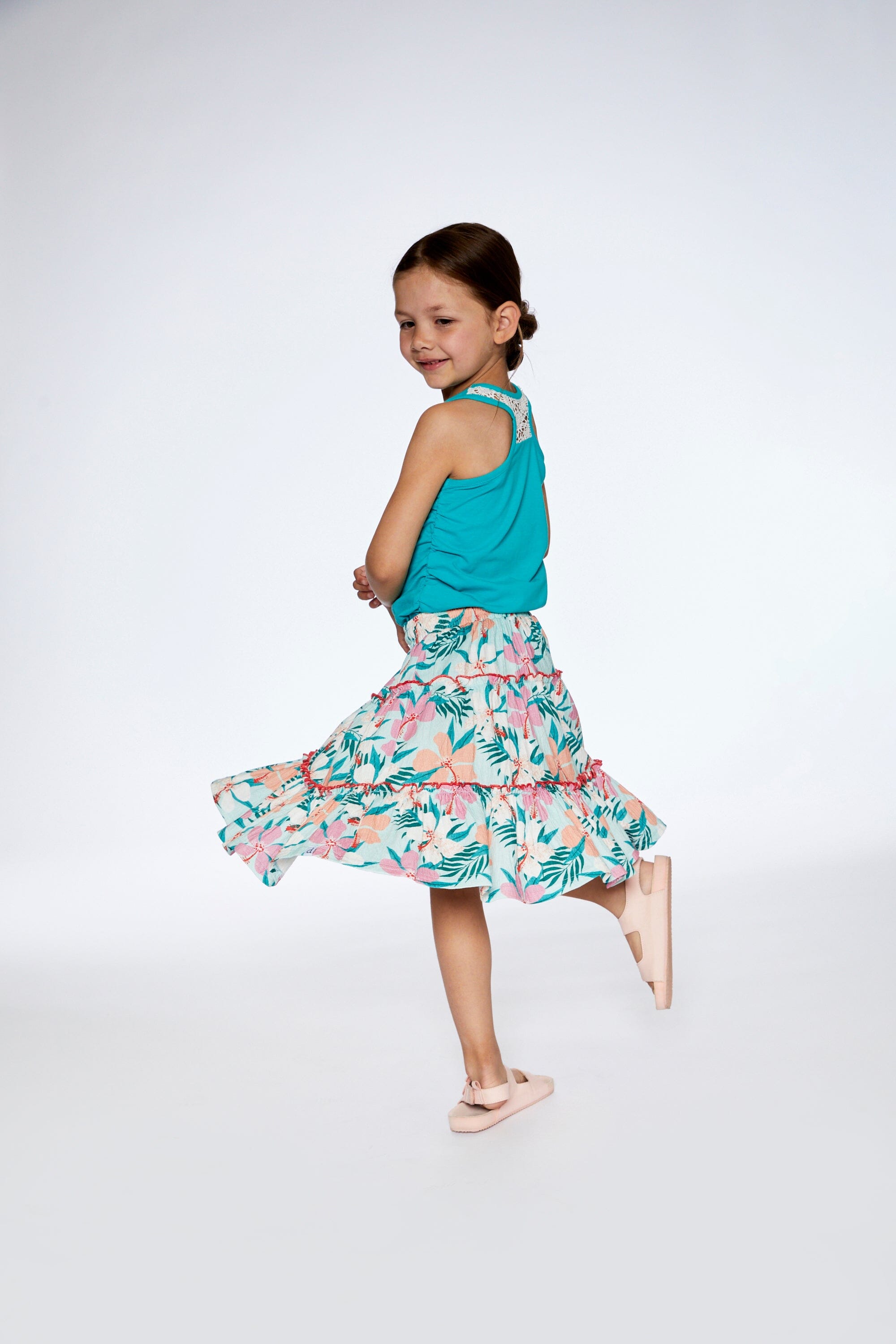 Long Crinkle Peasant Skirt Blue Printed Beach Hibiscus