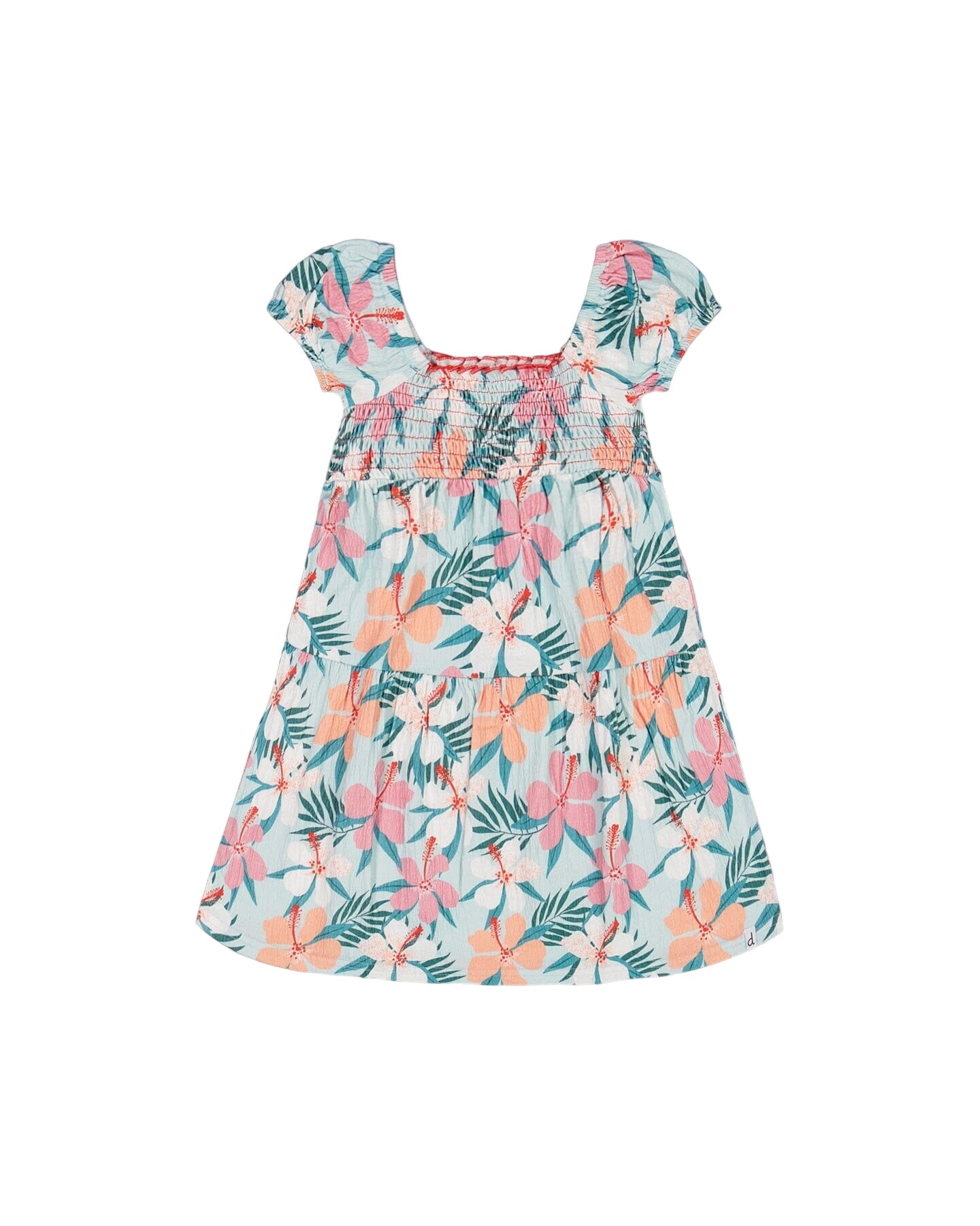 Smocked Crinkle Dress Blue Printed Beach Hibiscus