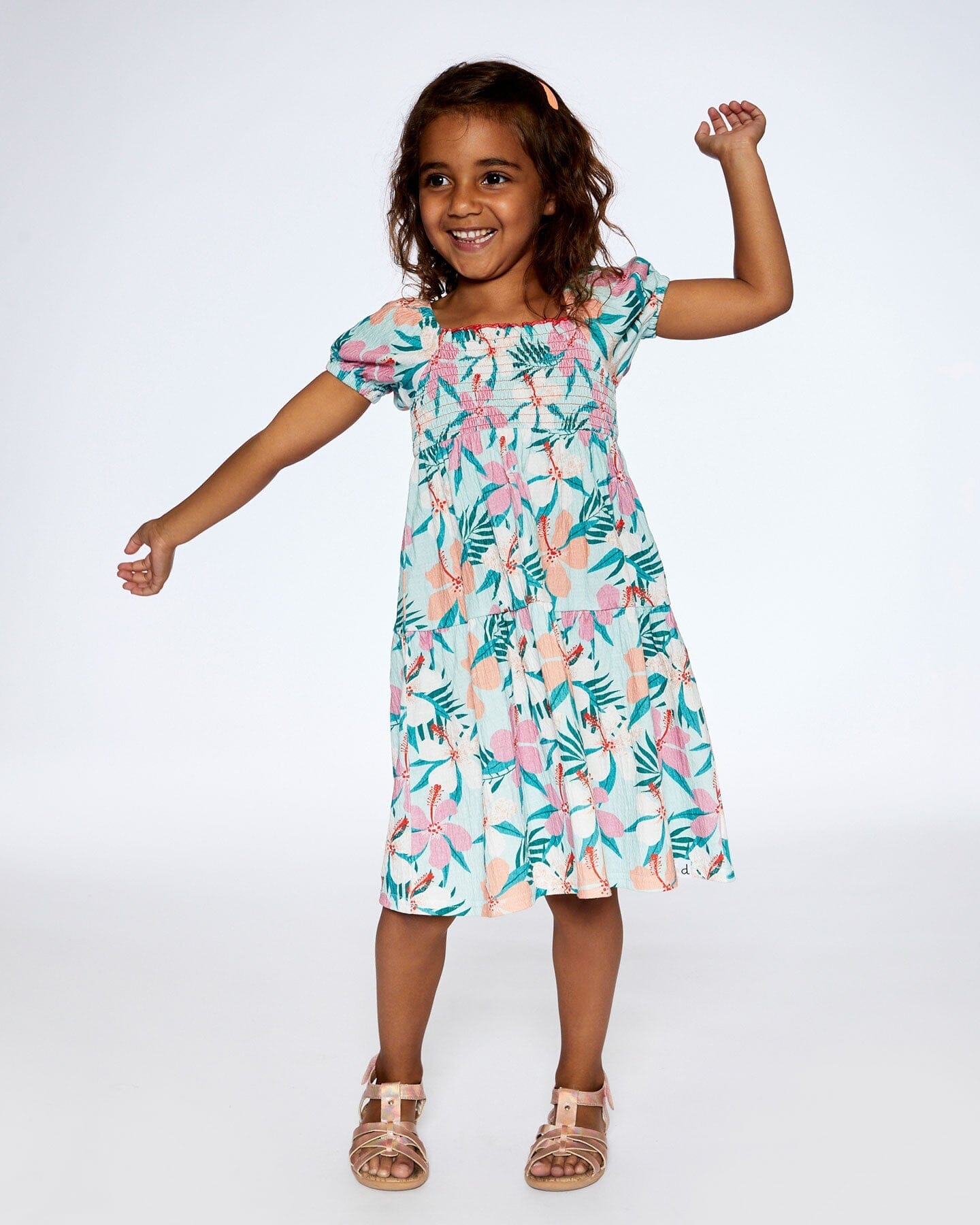 Smocked Crinkle Dress Blue Printed Beach Hibiscus