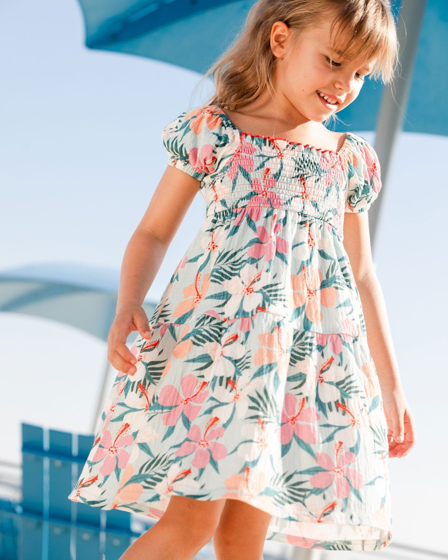 Smocked Crinkle Dress Blue Printed Beach Hibiscus