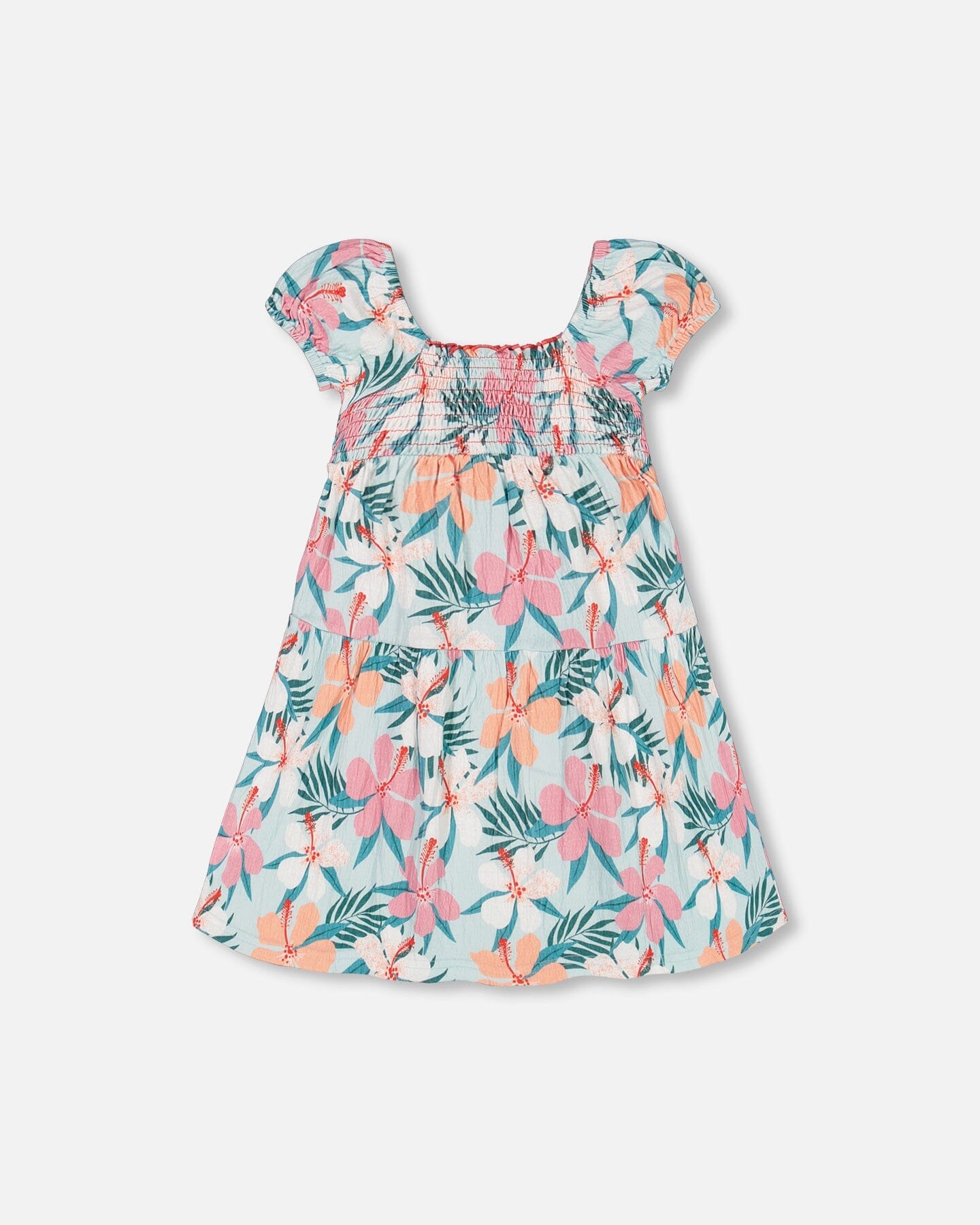 Smocked Crinkle Dress Blue Printed Beach Hibiscus