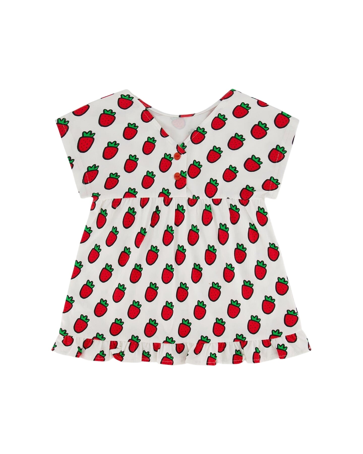 Organic Cotton Long Top With Frill White Printed Pop Strawberry