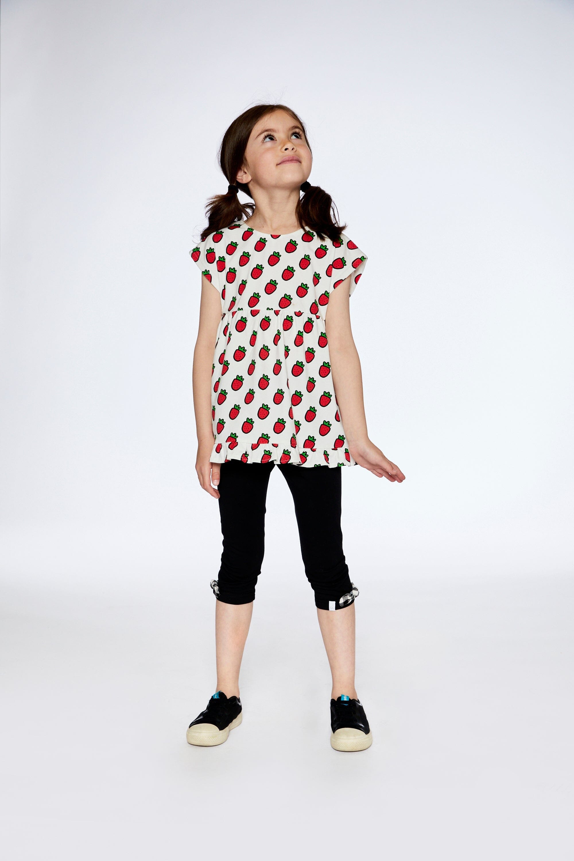 Organic Cotton Long Top With Frill White Printed Pop Strawberry