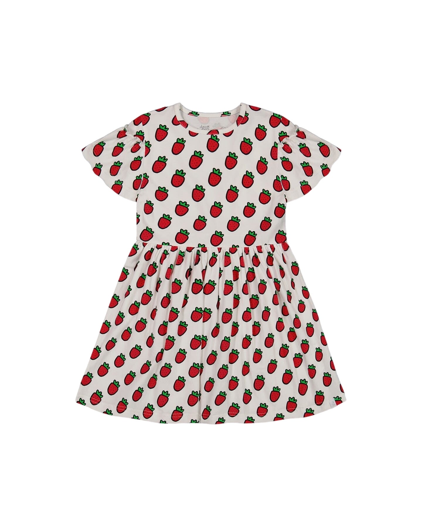 Organic Cotton Dress With Flounce Sleeves White Printed Pop Strawberry