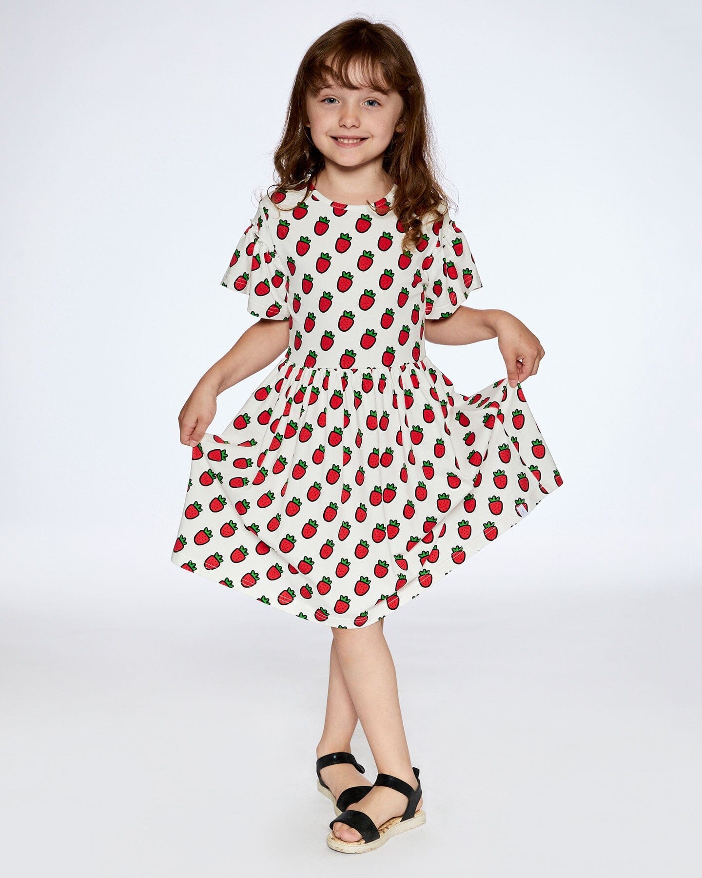 Organic Cotton Dress With Flounce Sleeves White Printed Pop Strawberry