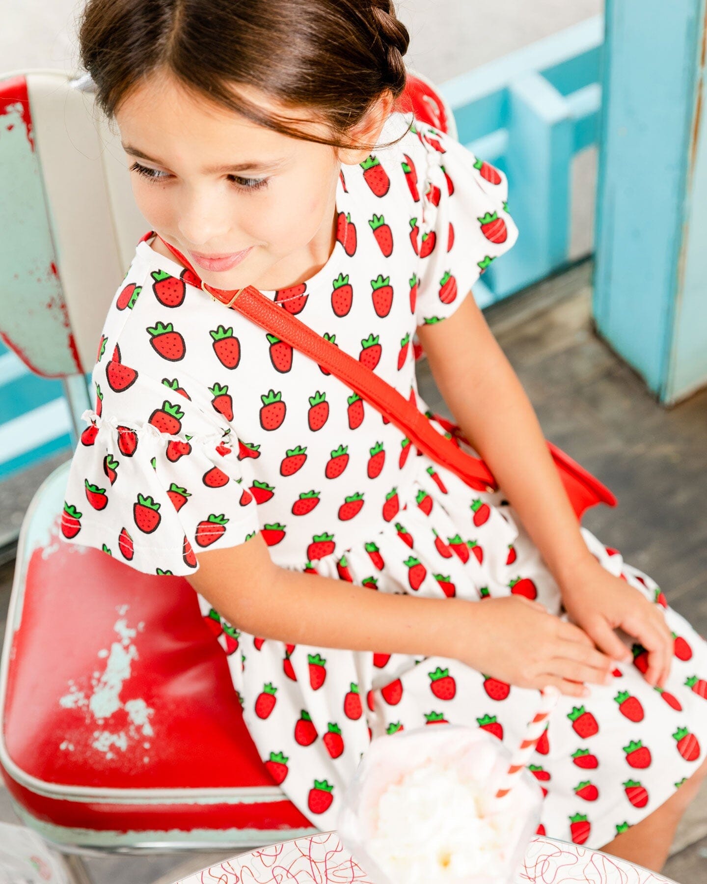 Organic Cotton Dress With Flounce Sleeves White Printed Pop Strawberry