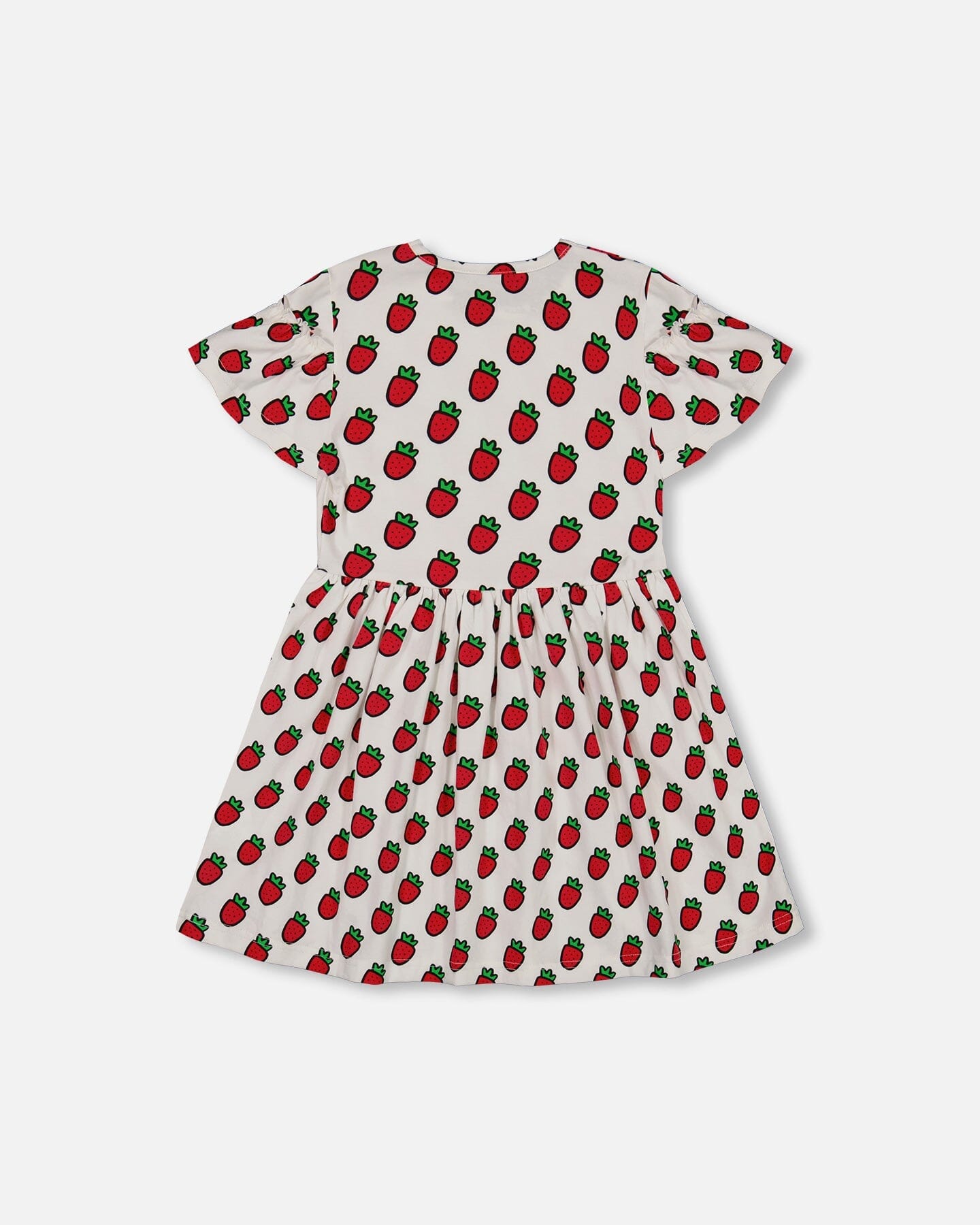 Organic Cotton Dress With Flounce Sleeves White Printed Pop Strawberry