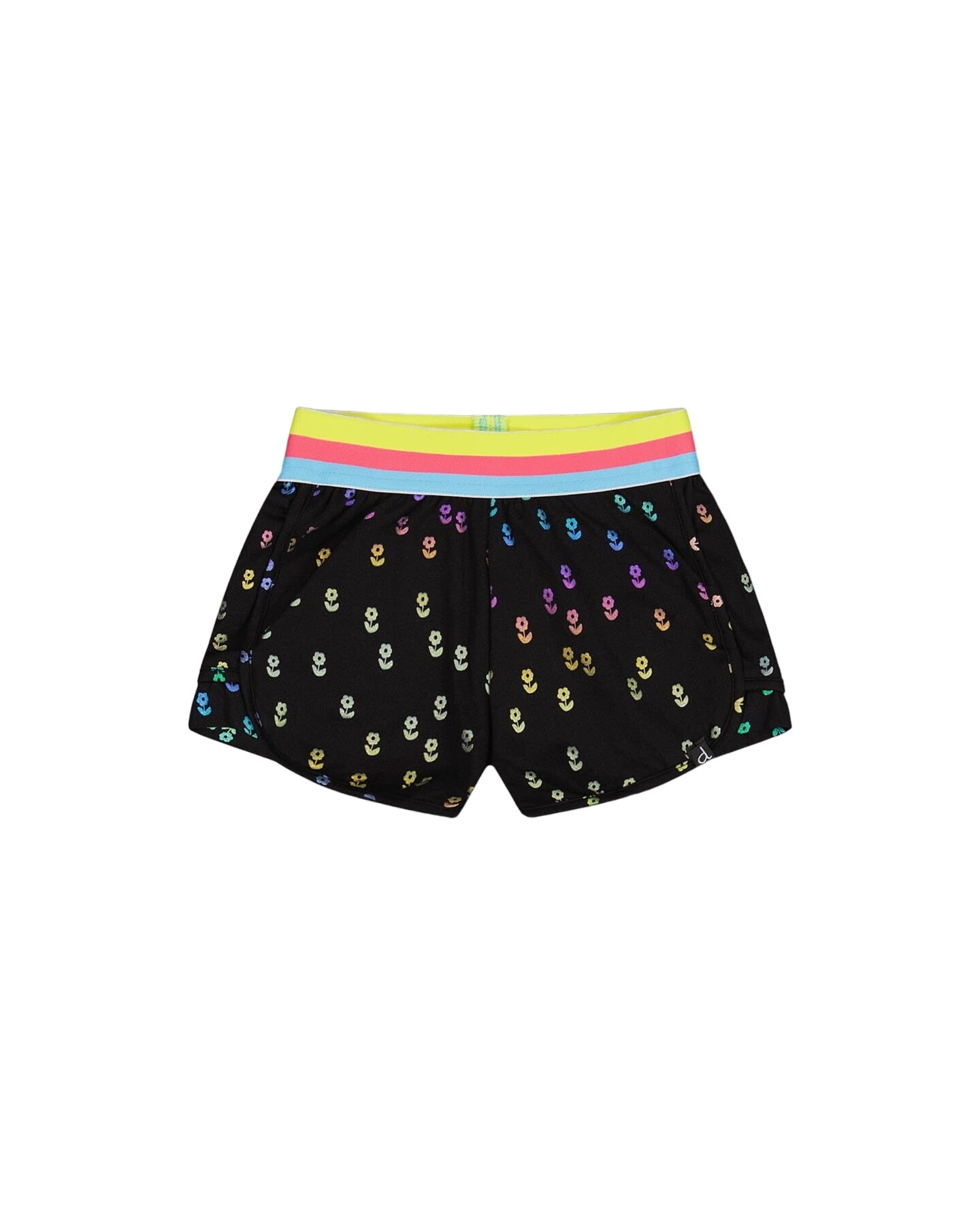 Striped Waist Short Black With Colored Metallic Flower Print