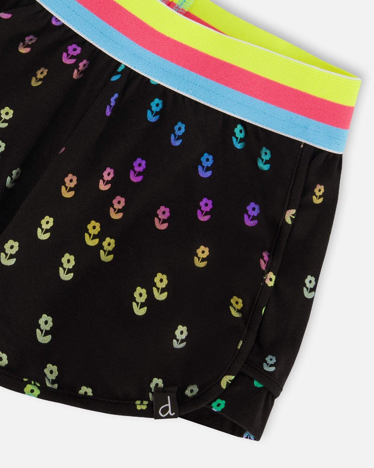 Striped Waist Short Black With Colored Metallic Flower Print