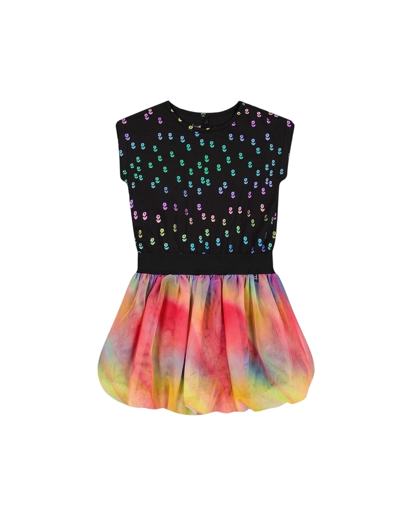 Bi-material Dress With Rainbow Mesh Bubble Skirt