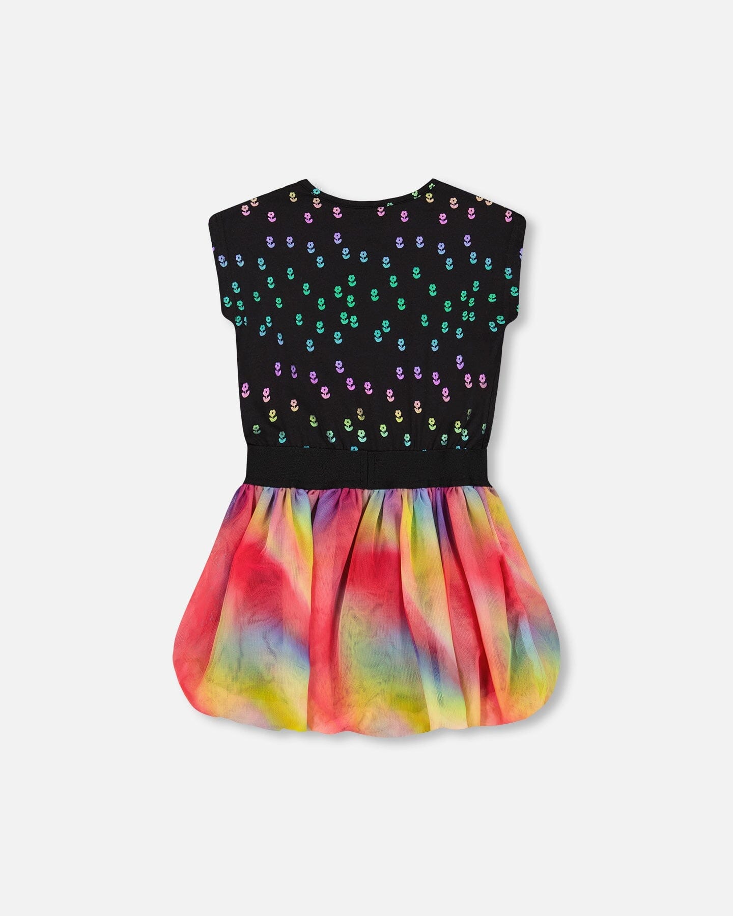 Bi-material Dress With Rainbow Mesh Bubble Skirt