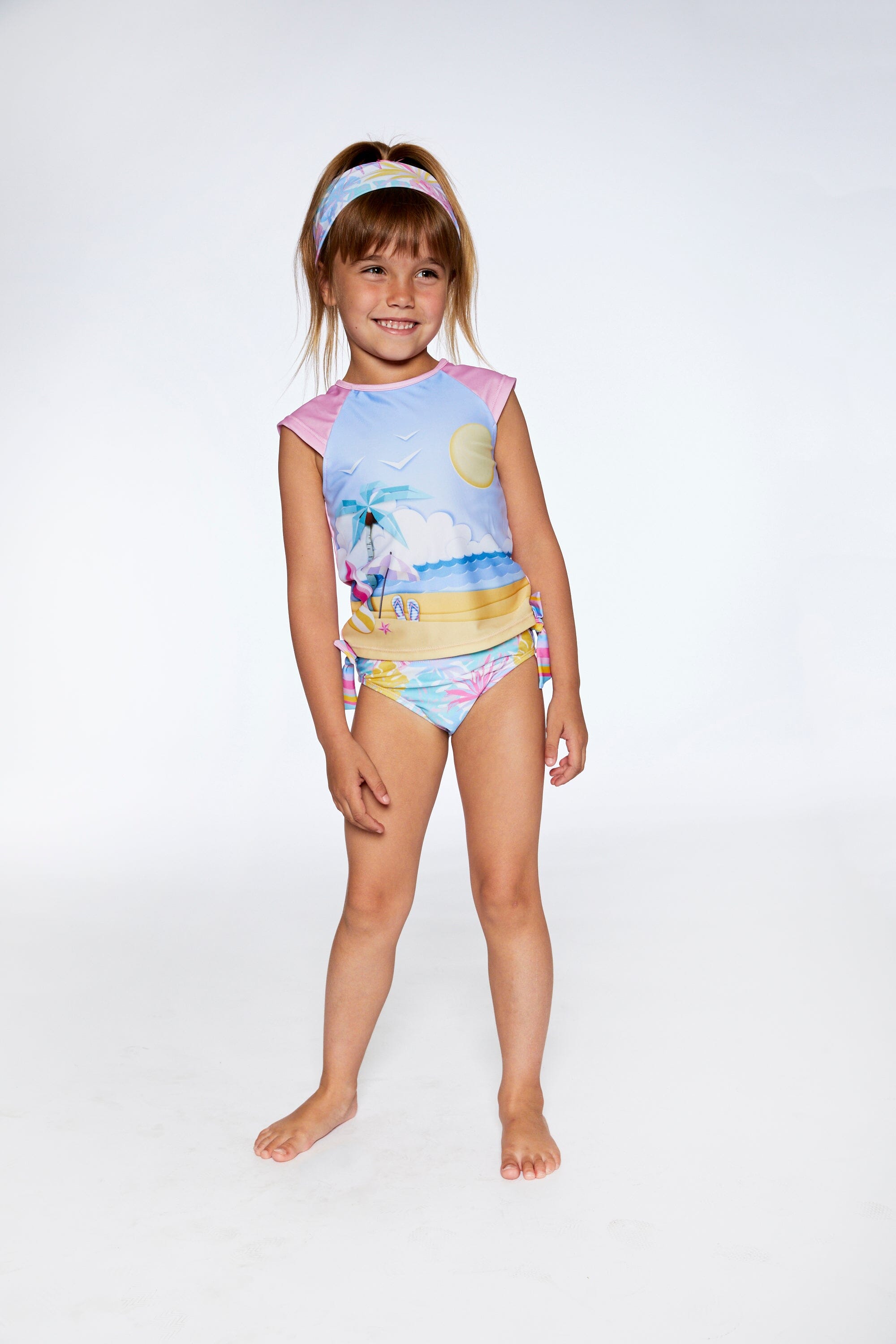 Two Piece Rashguard Swimsuit Palm Leaf Pastel Print