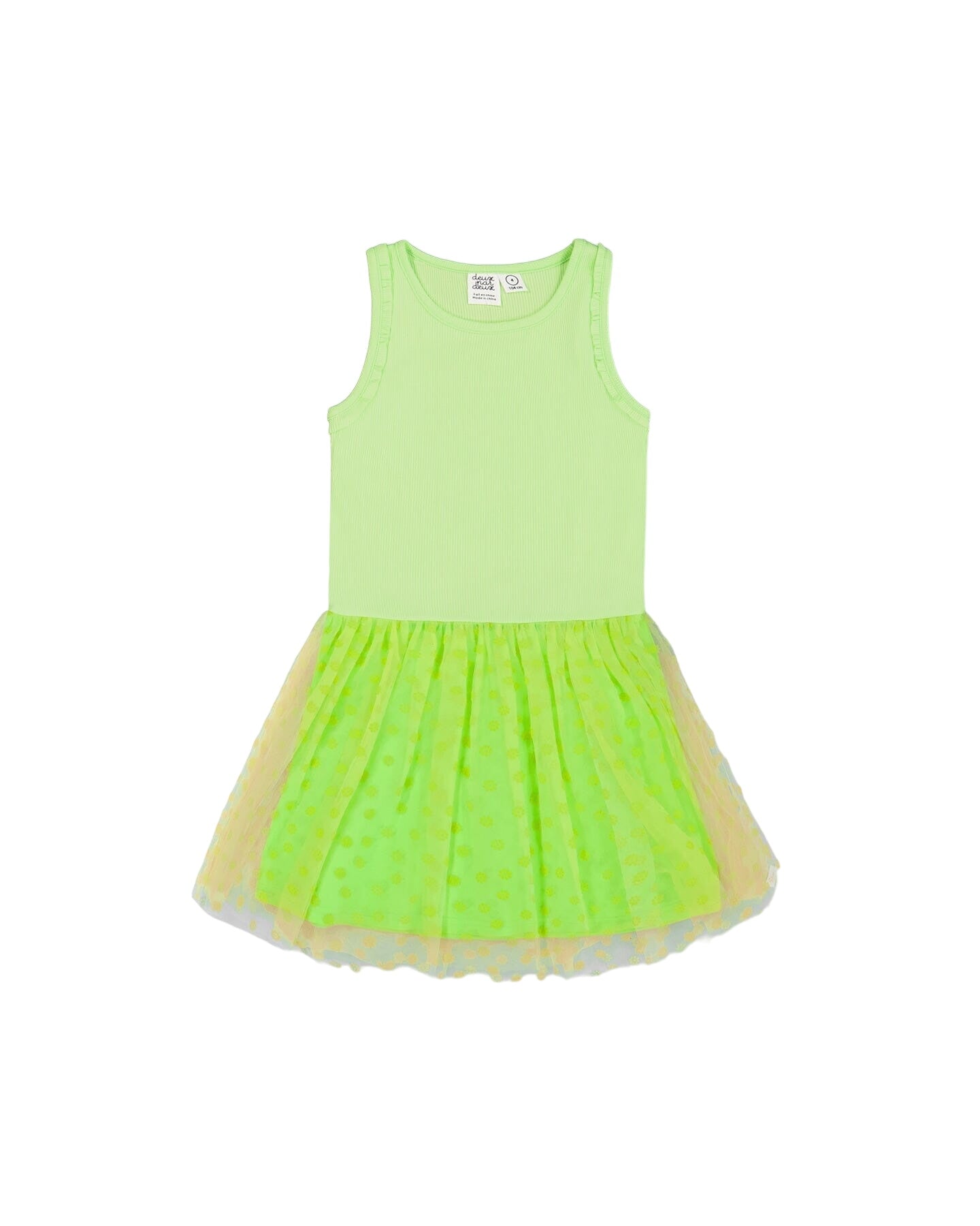 Shiny Ribbed Dress With Mesh Flocking Flowers Lime