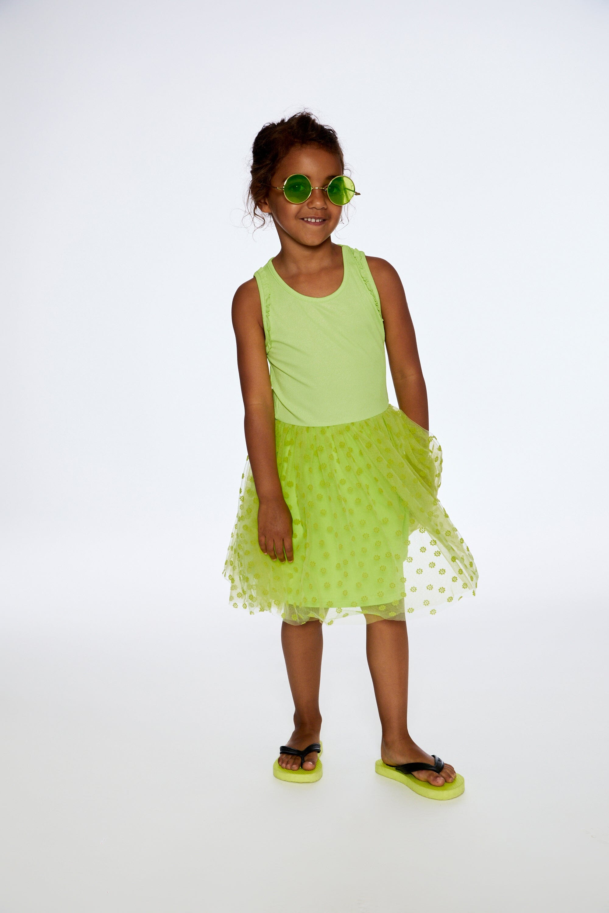 Shiny Ribbed Dress With Mesh Flocking Flowers Lime