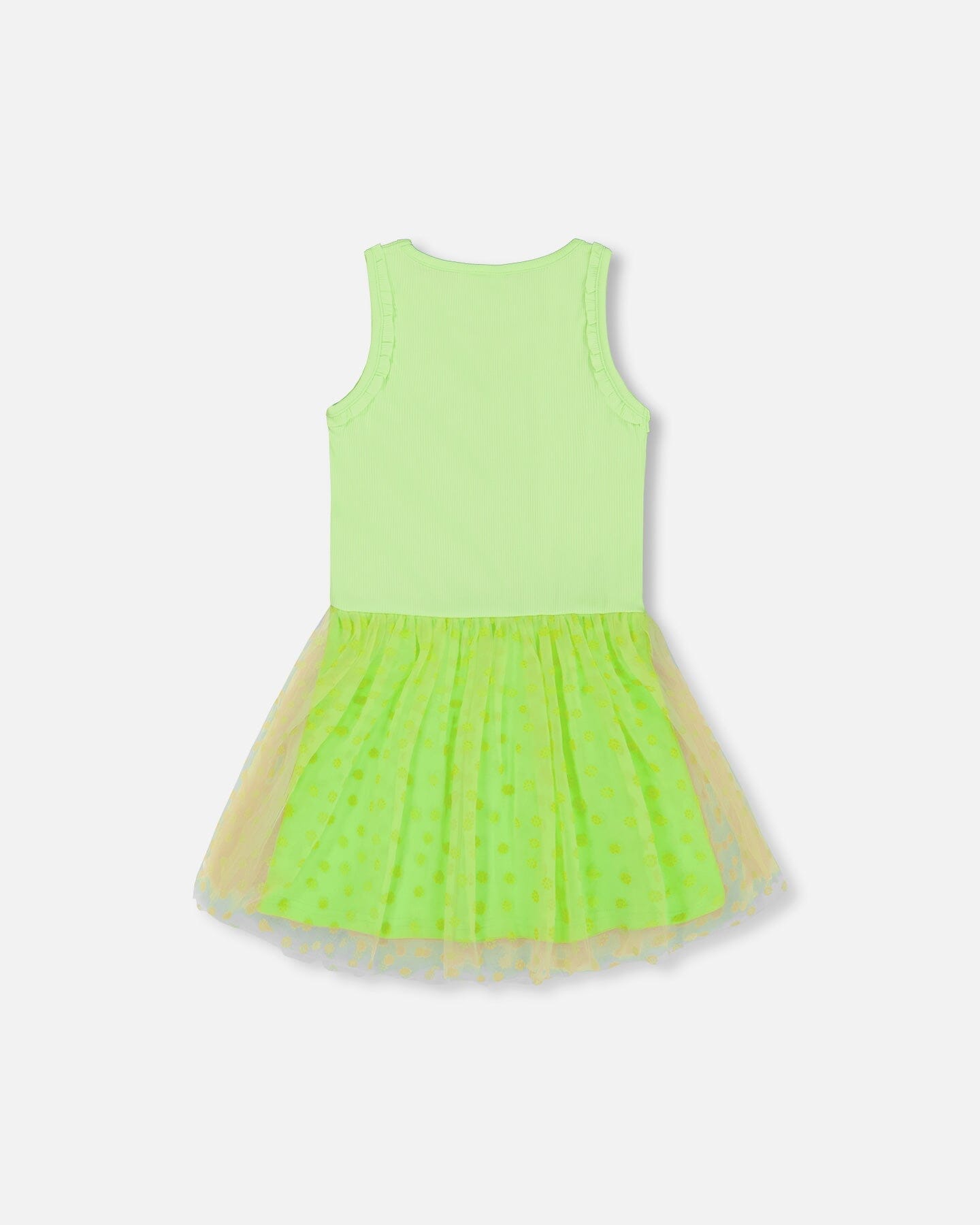 Shiny Ribbed Dress With Mesh Flocking Flowers Lime