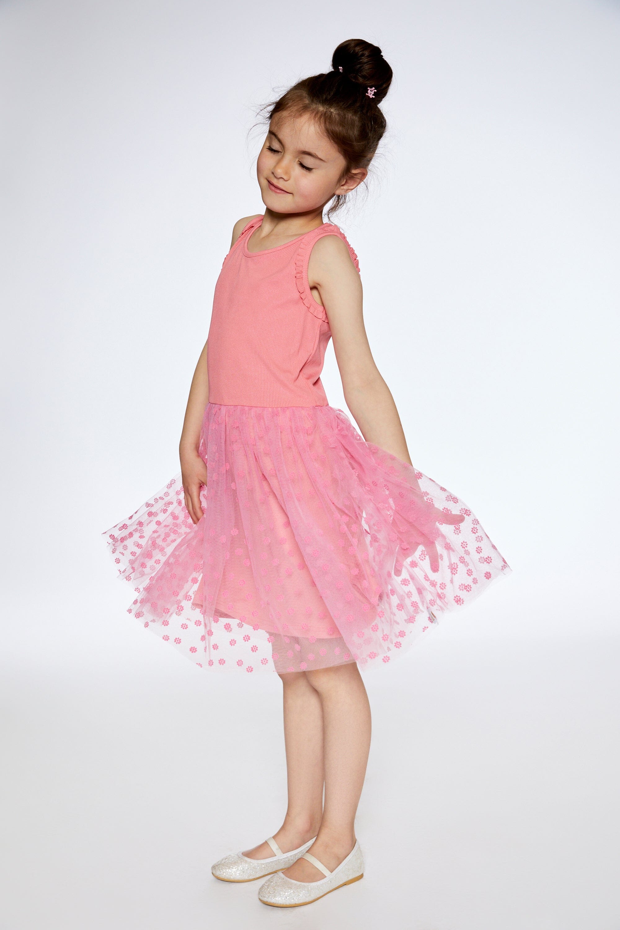 Shiny Ribbed Dress With Mesh Flocking Flowers Pink