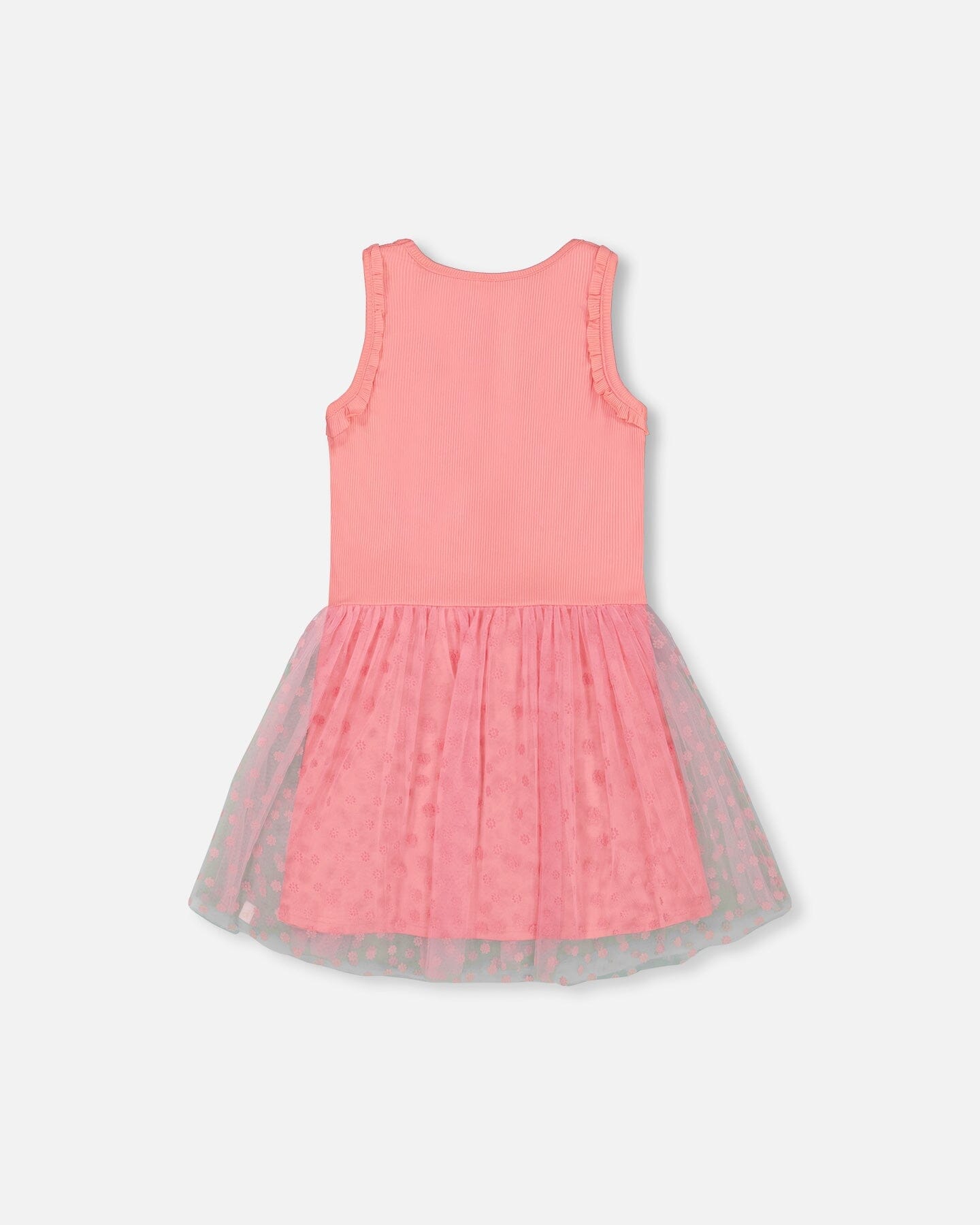 Shiny Ribbed Dress With Mesh Flocking Flowers Pink