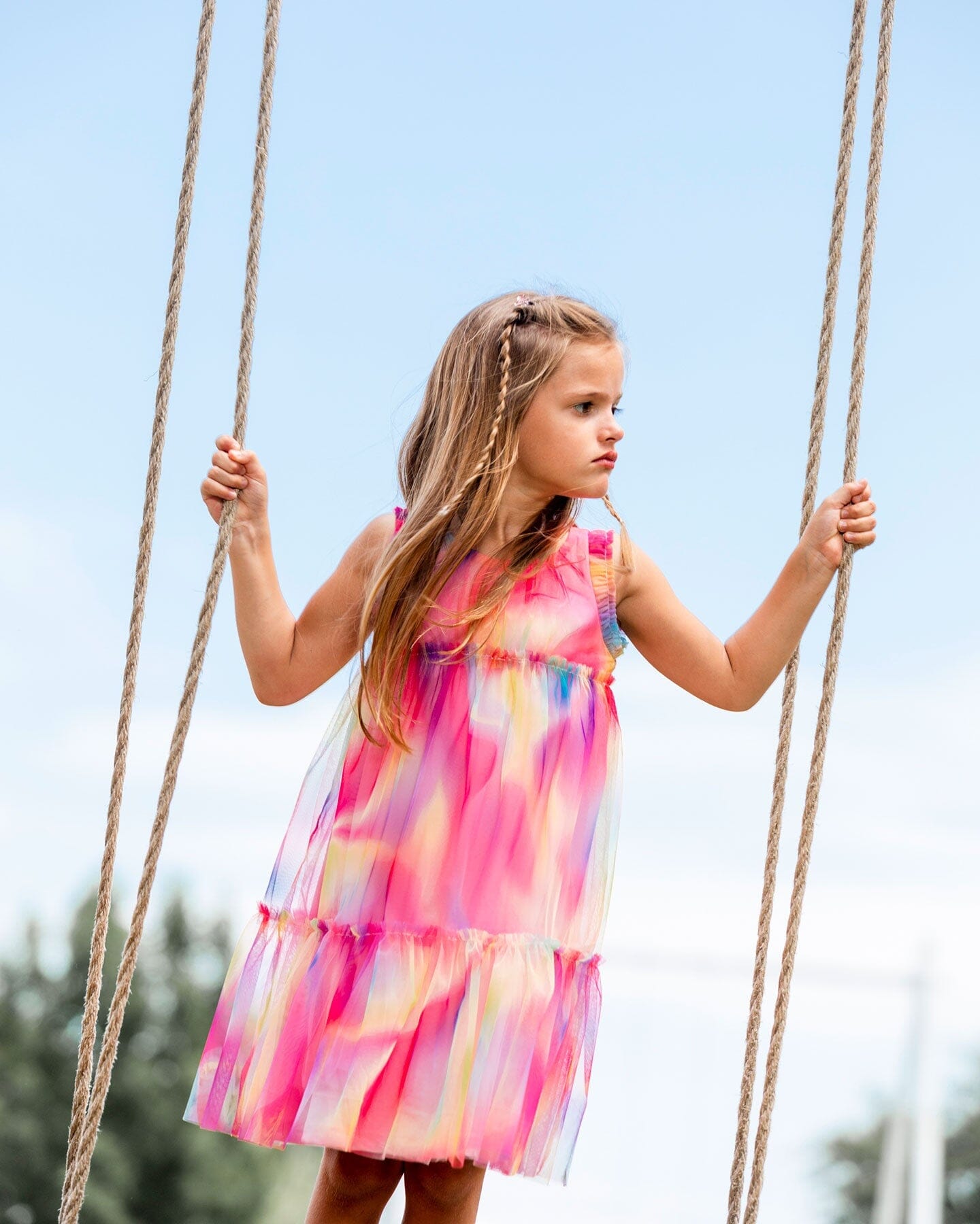 Sleeveless Frills Mesh Dress Rainbow Swirl