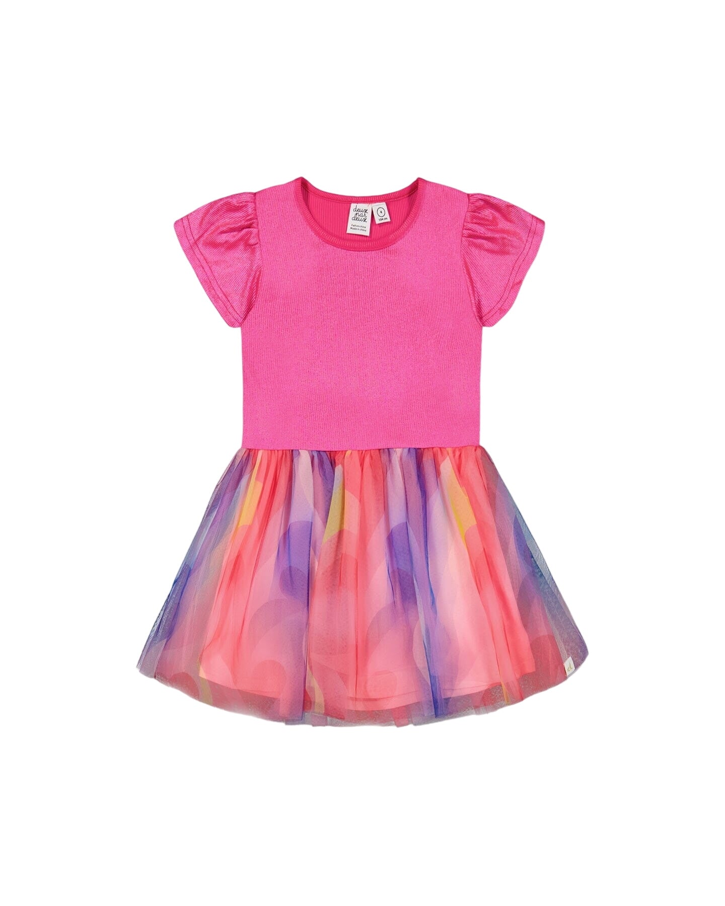 Bi-material Shiny Rib And Mesh Dress Fuchsia With Printed Rainbow Heart