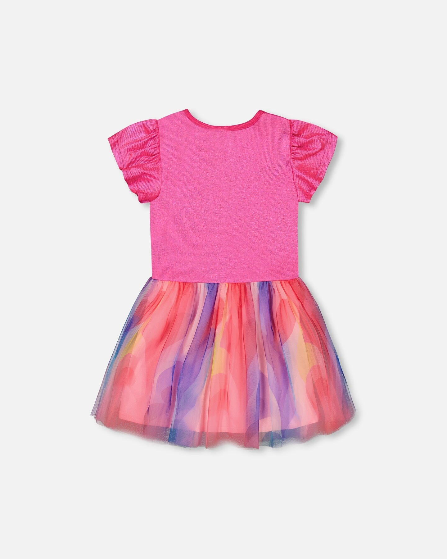 Bi-material Shiny Rib And Mesh Dress Fuchsia With Printed Rainbow Heart