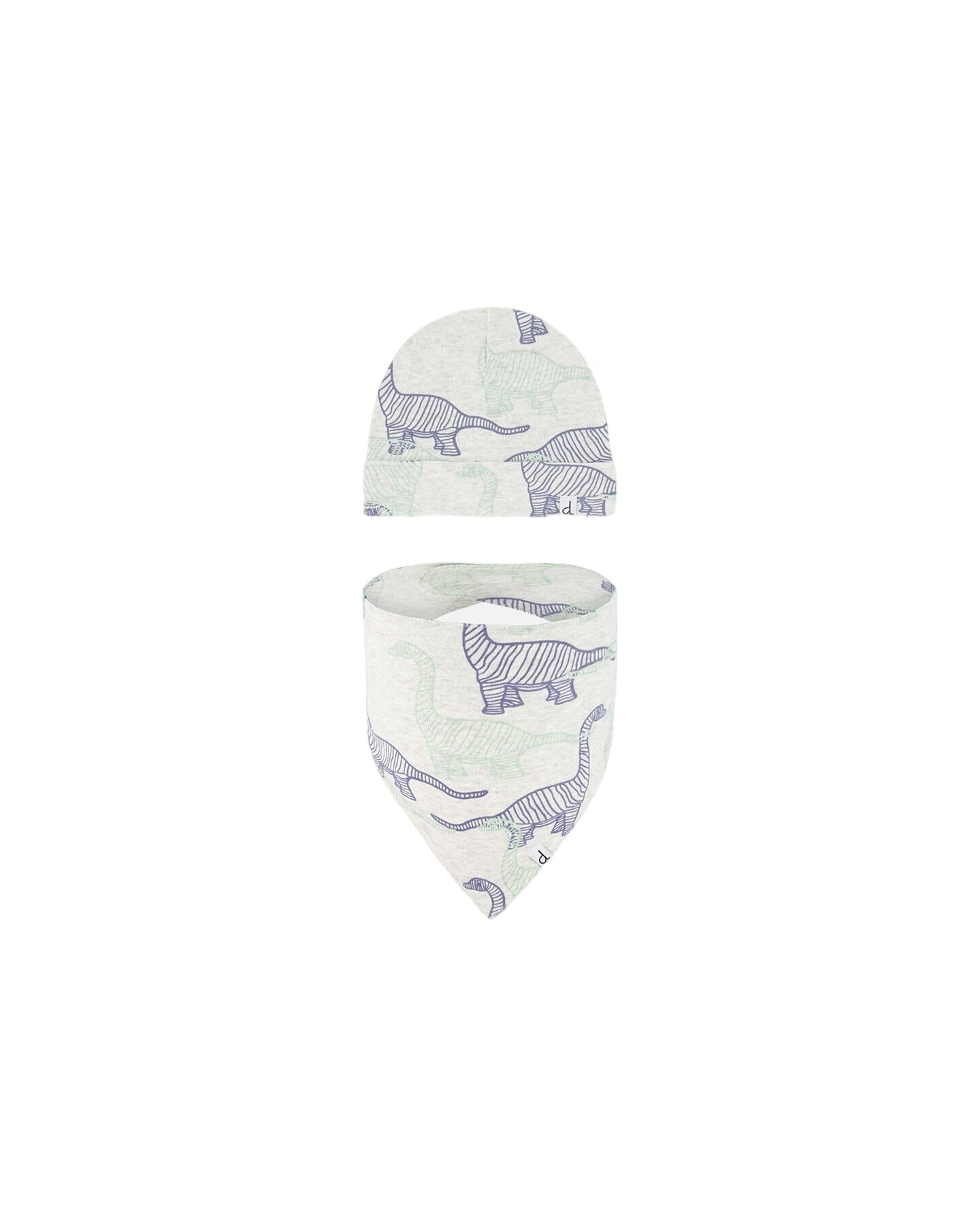 Organic Cotton Hat And Bib Set Heather Beige Printed Dinosaurs