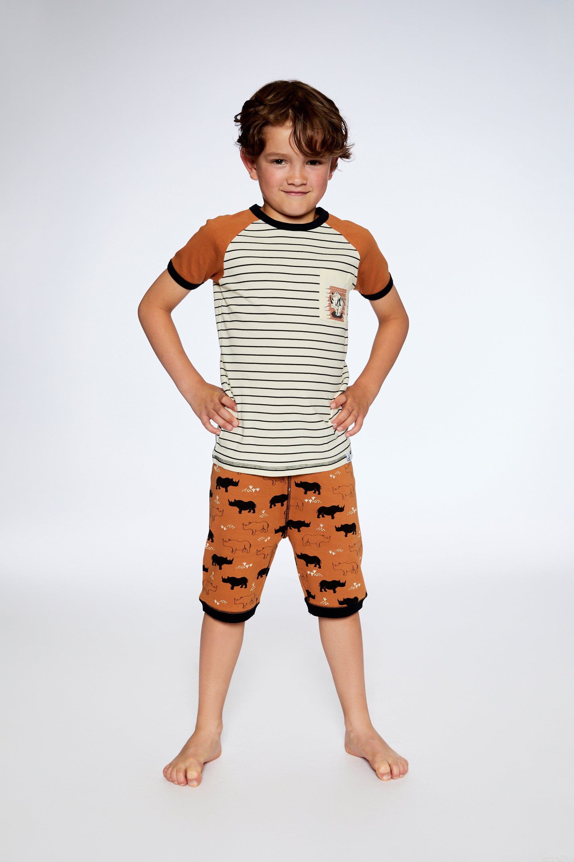 Organic Cotton Two Piece Short Pajama Set Caramel Printed Rhinoceros