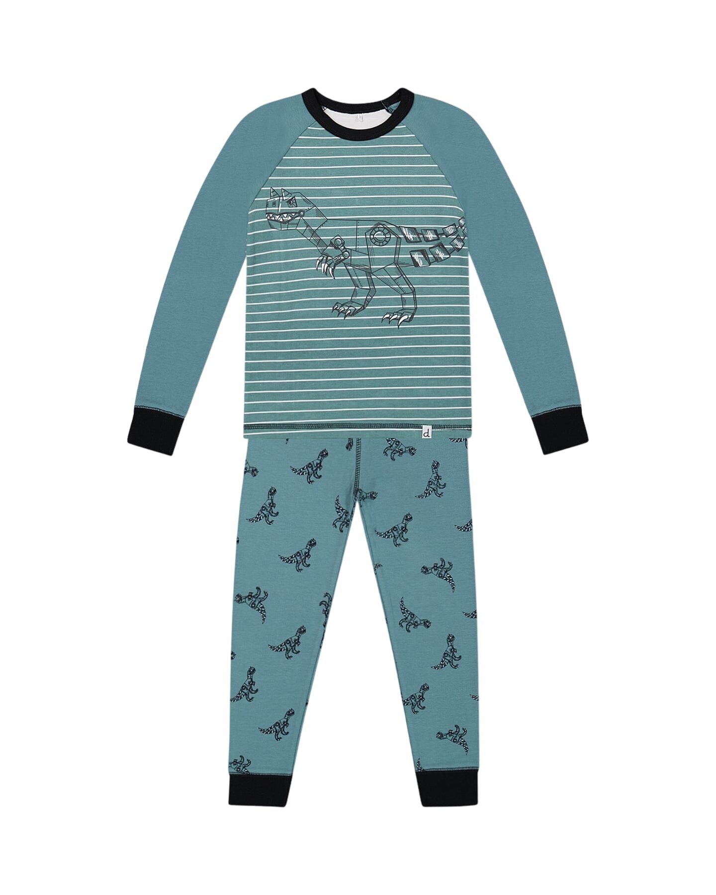 Organic Cotton Long Sleeve Two Piece Pajama Set Teal With Mechanical Dinosaurs Print
