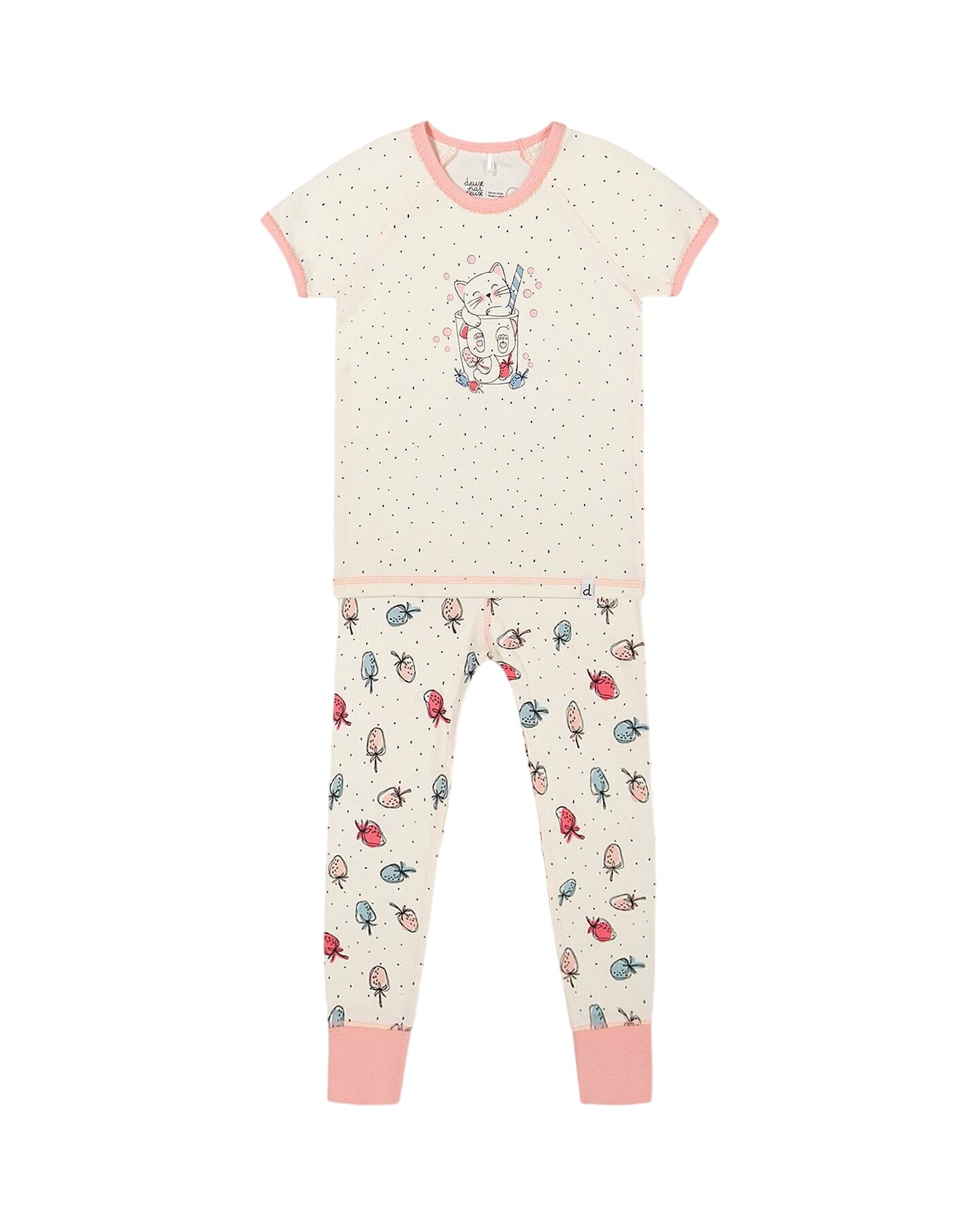 Organic Cotton Two Piece Pajama Set Off White Printed Strawberry