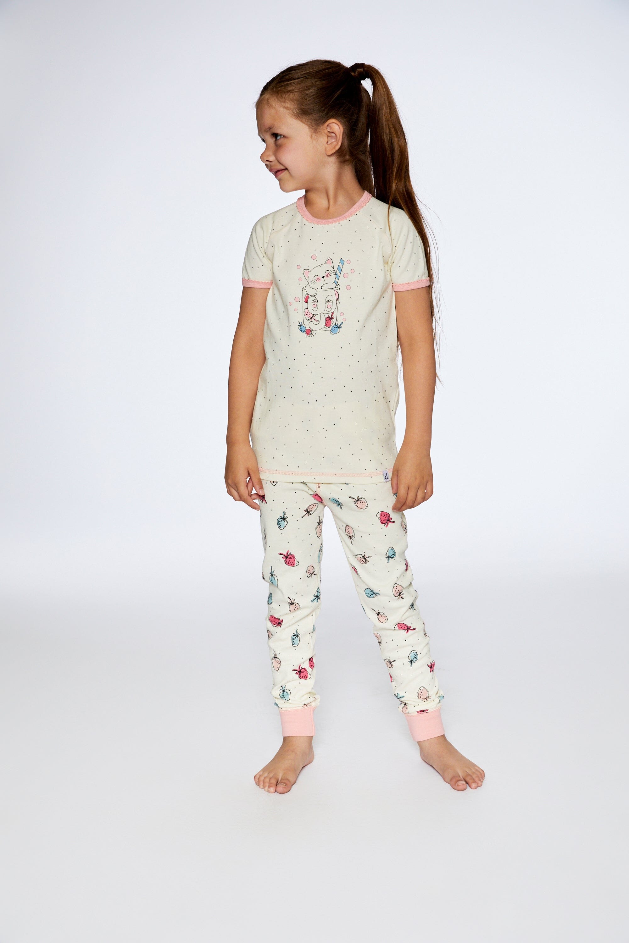 Organic Cotton Two Piece Pajama Set Off White Printed Strawberry