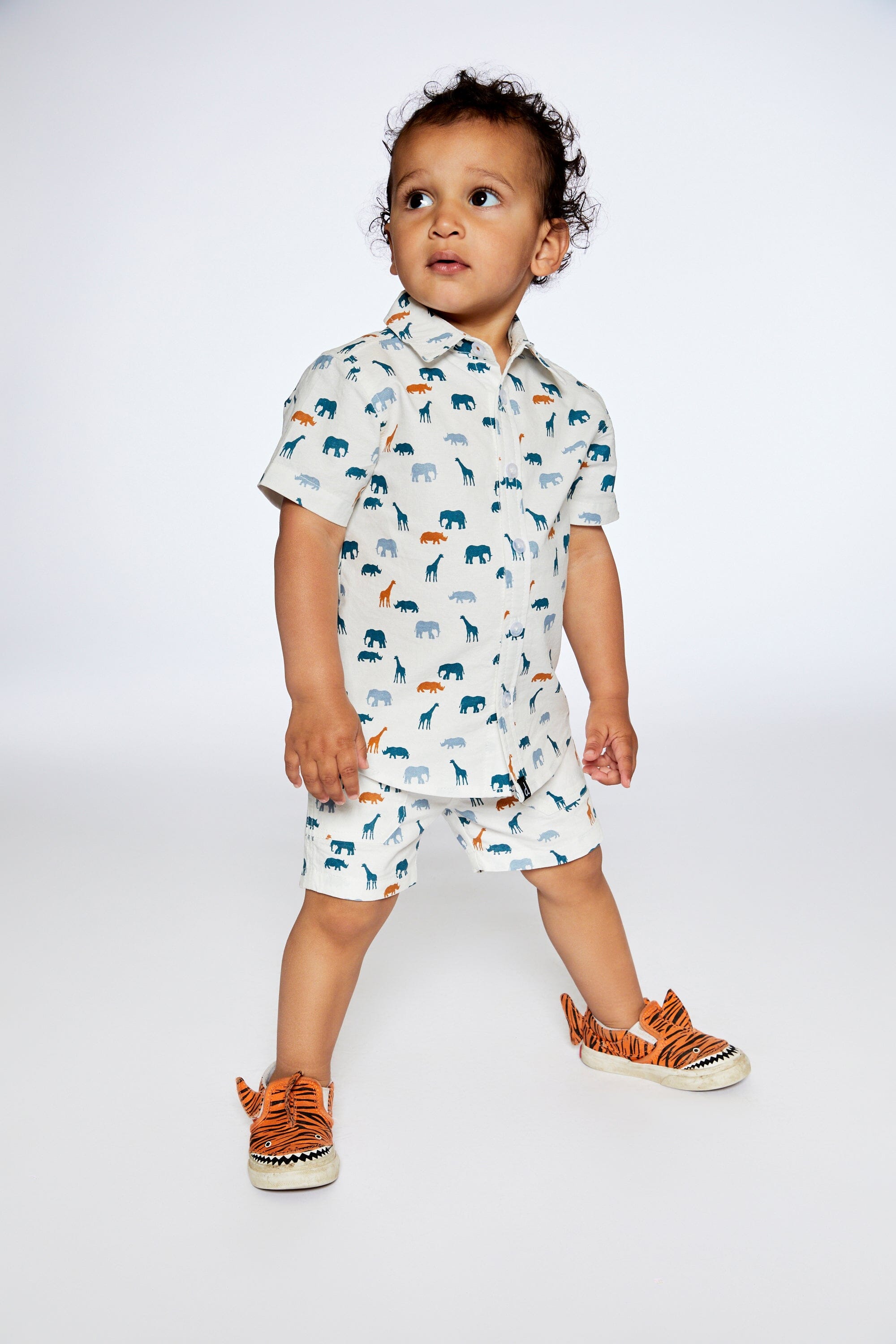 Short Sleeve Poplin Shirt White Printed Jungle Friends