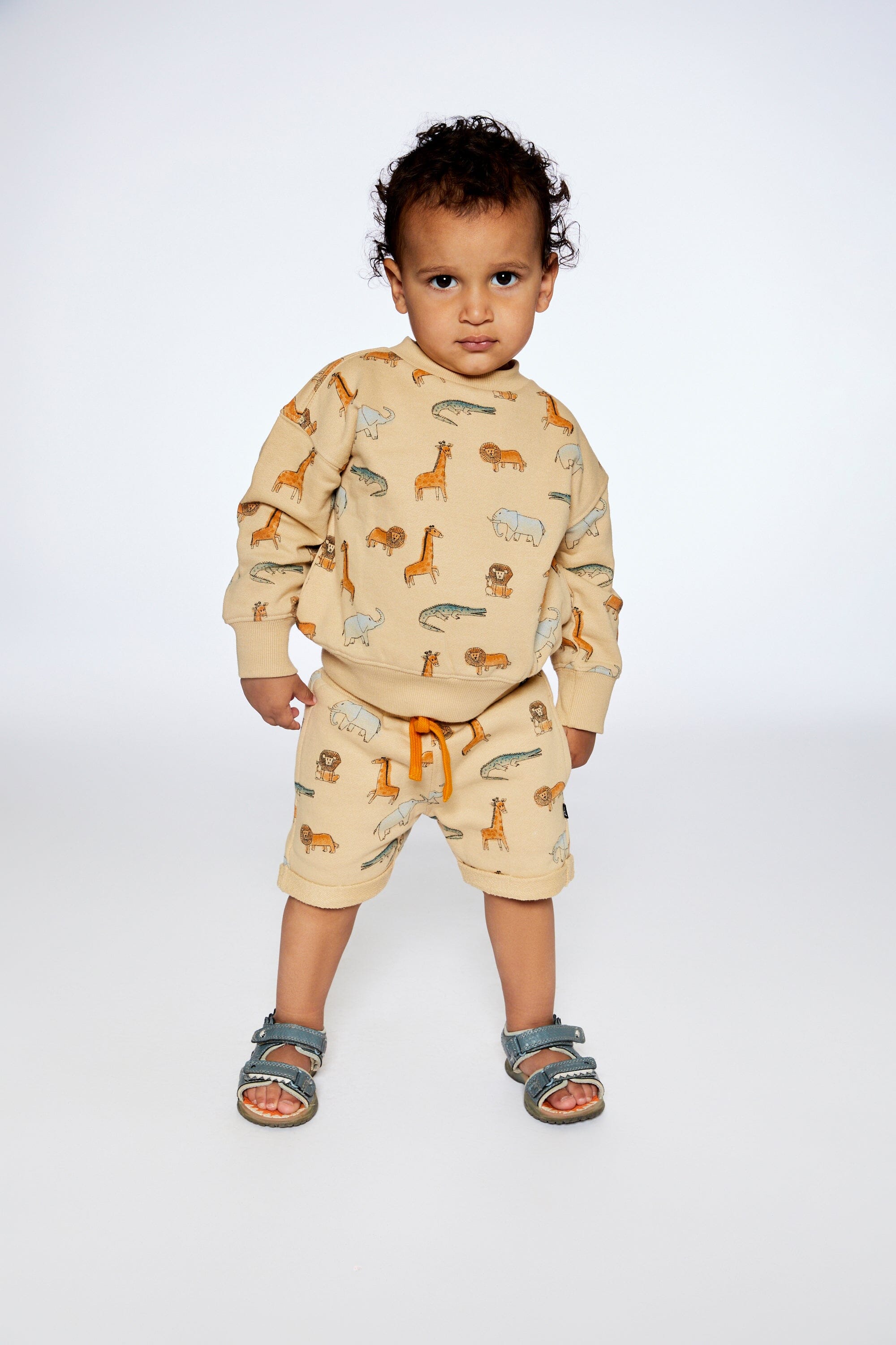 French Terry Sweatshirt Beige Printed Jungle Animal