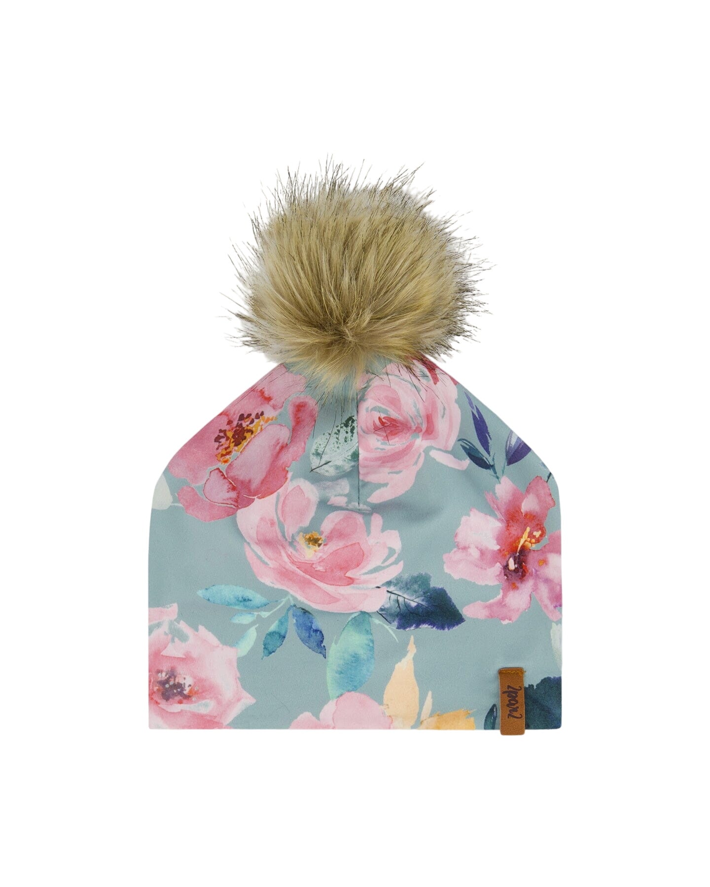 Detachable Pompom Hat Printed Watercolor Roses