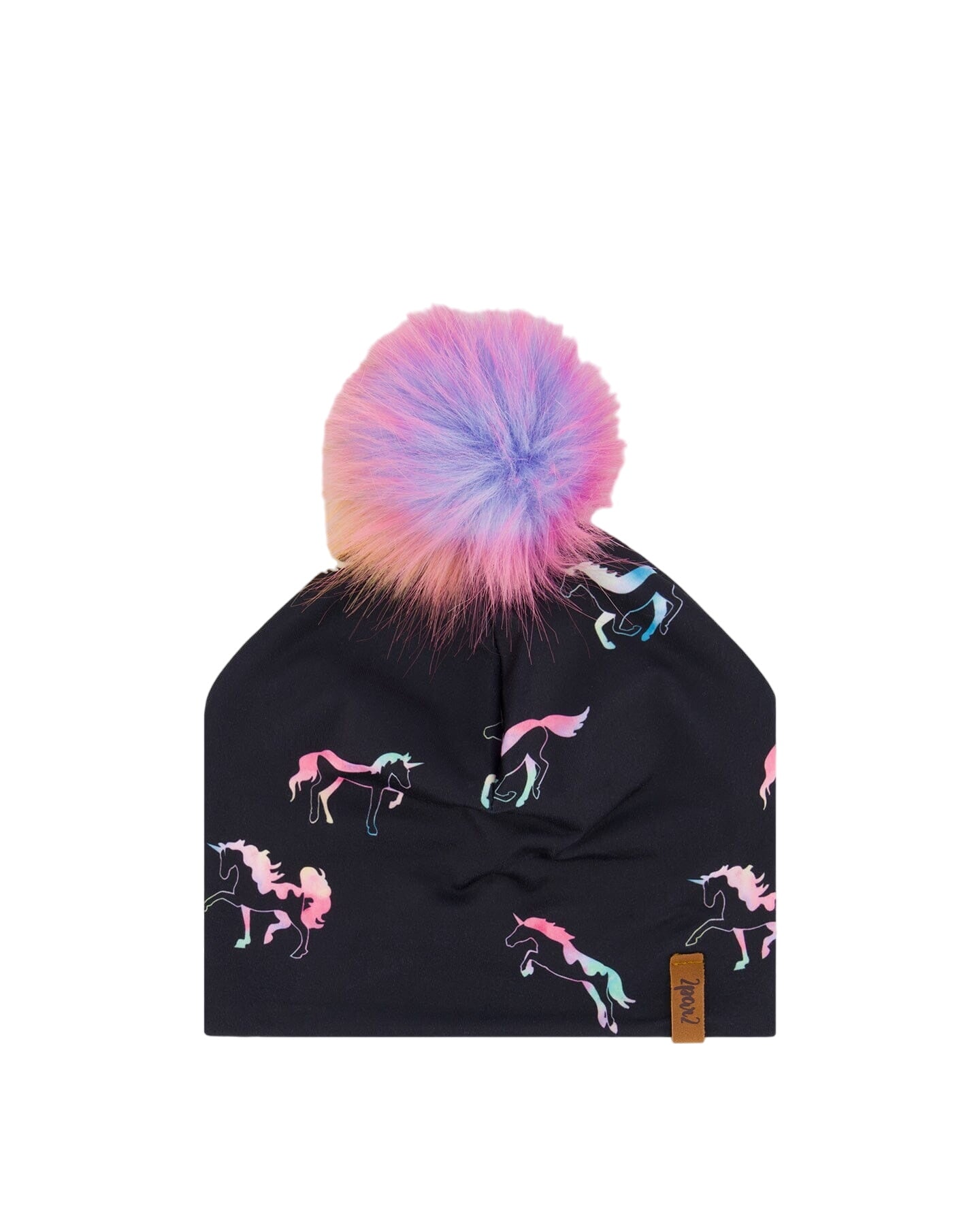 Detachable Pompom Hat Black Printed Multicolor Unicorns