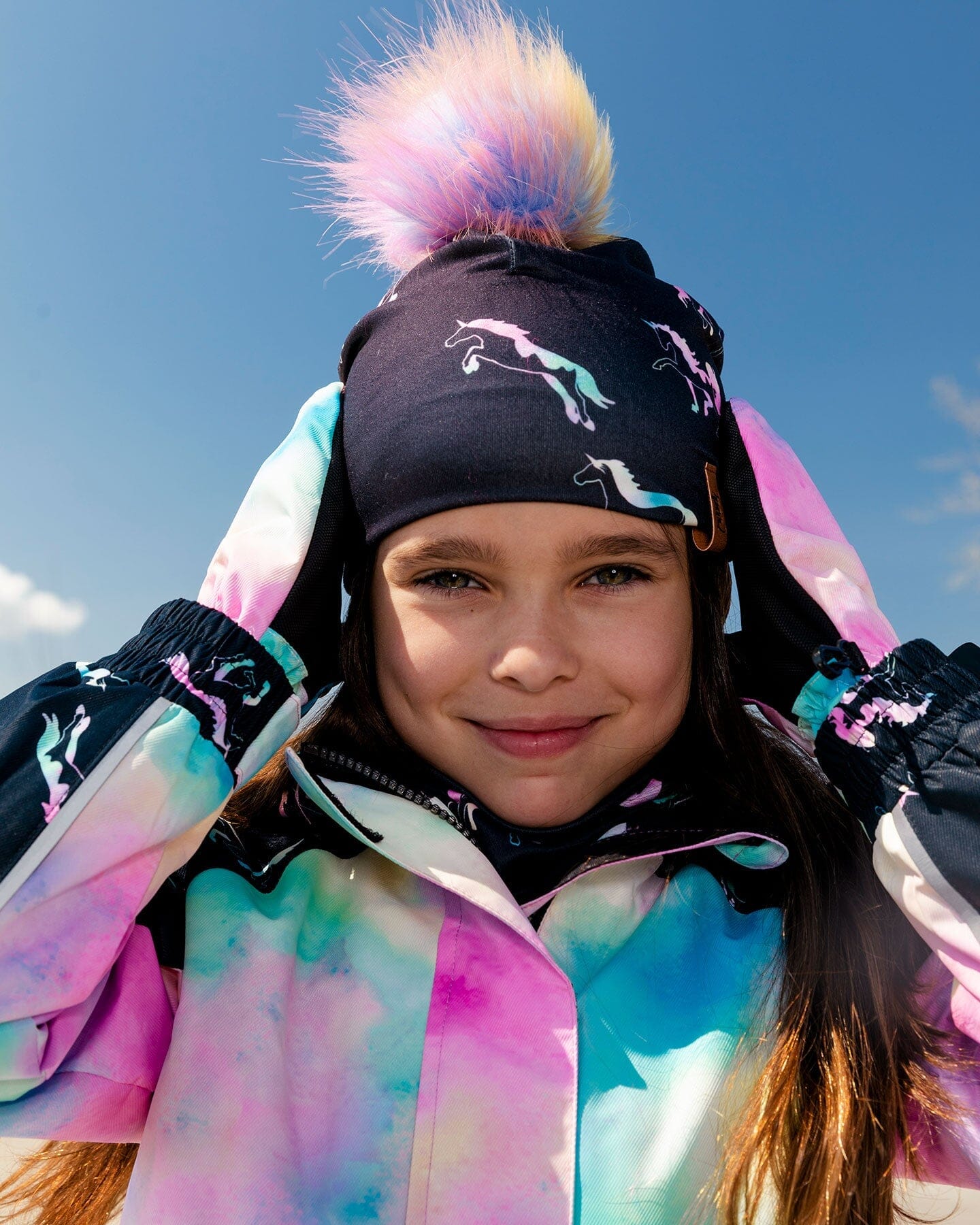 Detachable Pompom Hat Black Printed Multicolor Unicorns