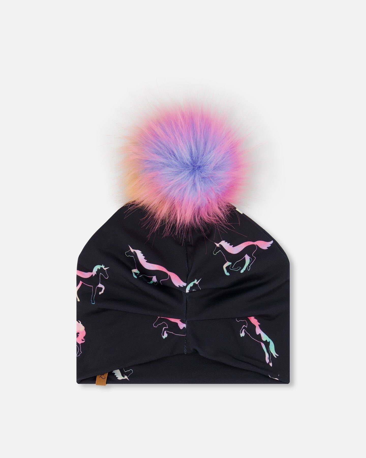 Detachable Pompom Hat Black Printed Multicolor Unicorns