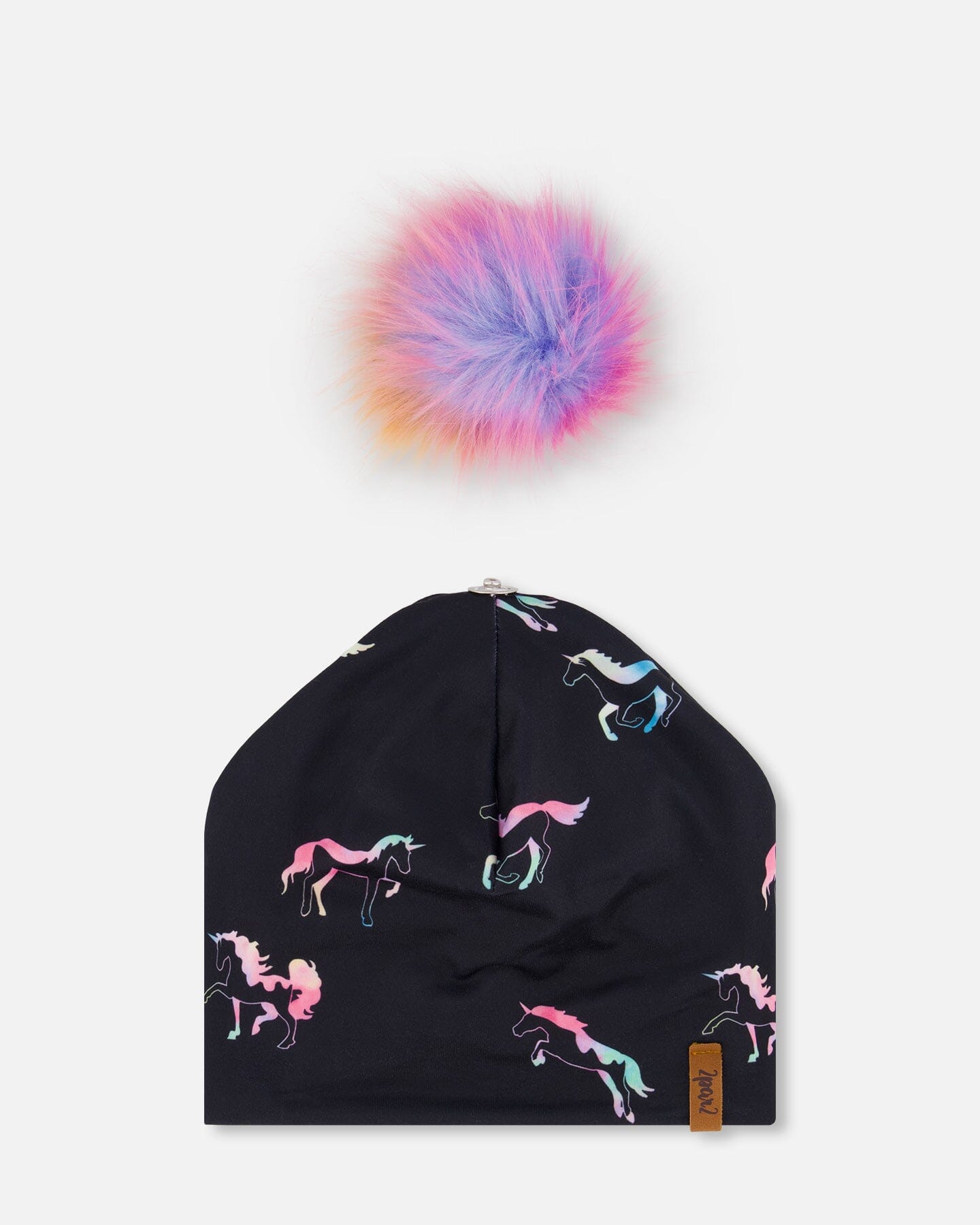 Detachable Pompom Hat Black Printed Multicolor Unicorns