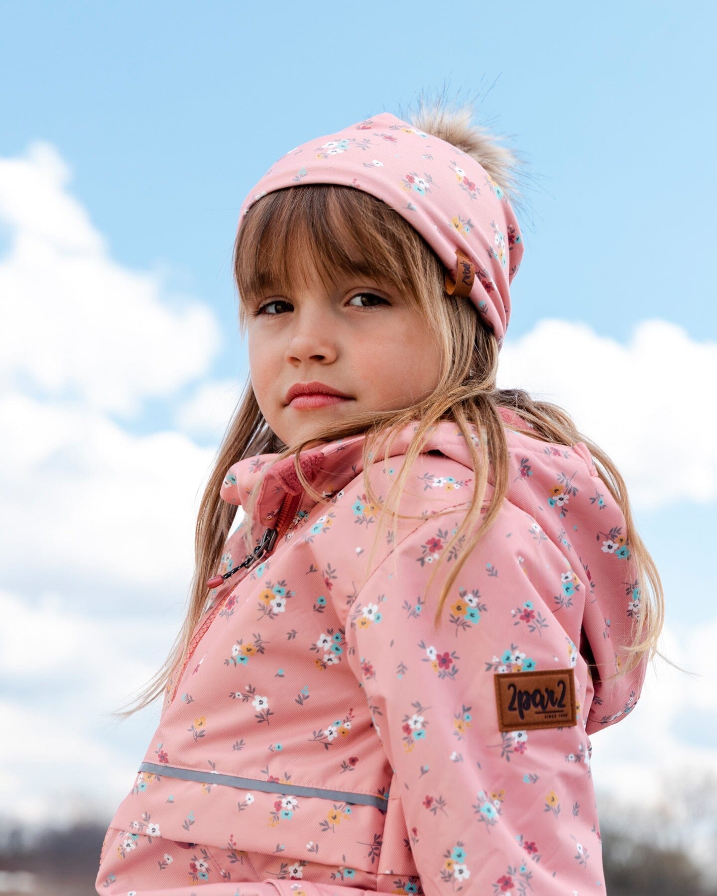 Detachable Pompom Hat Pink Little Flowers Print