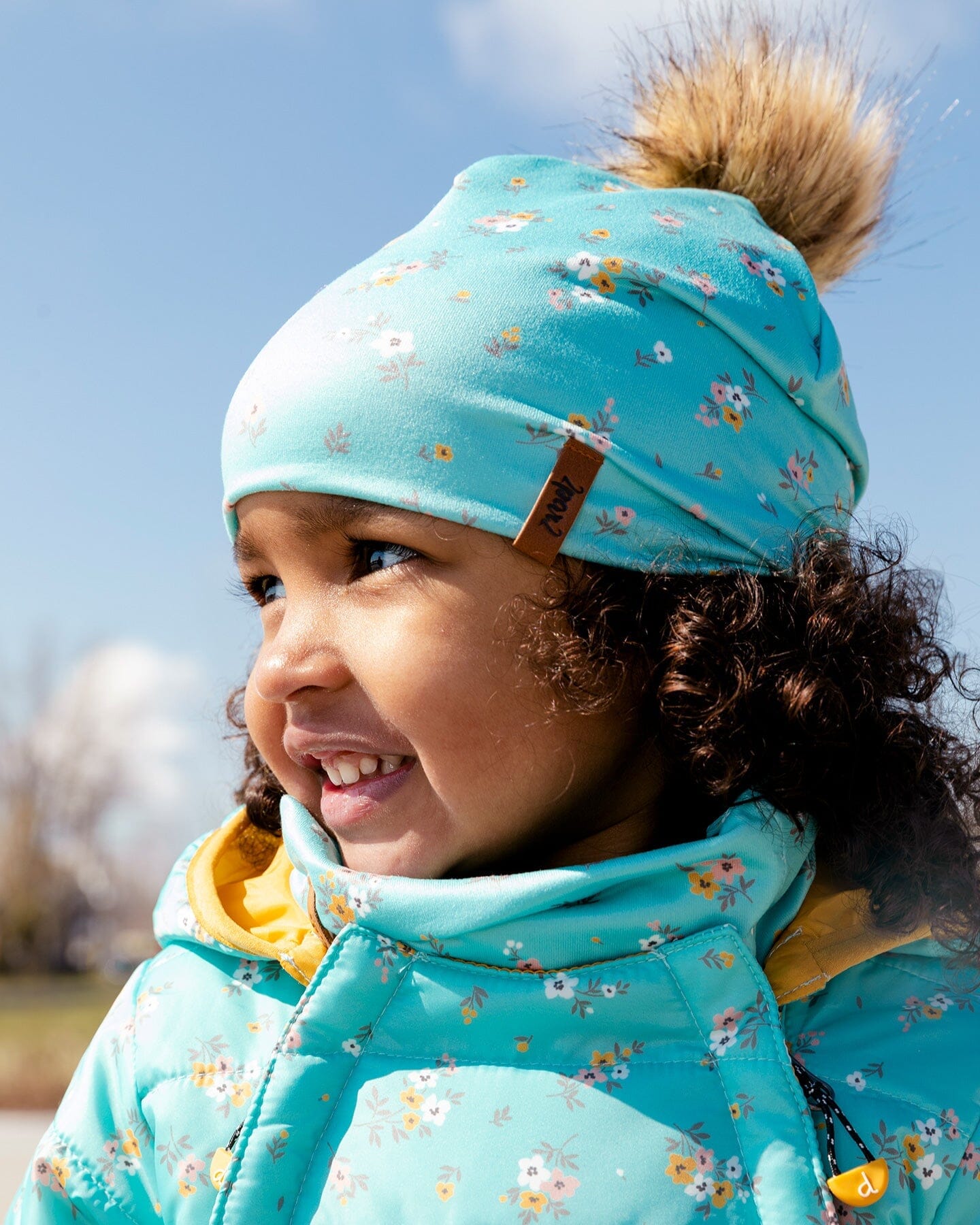 Detachable Pompom Hat Blue Little Flowers Print