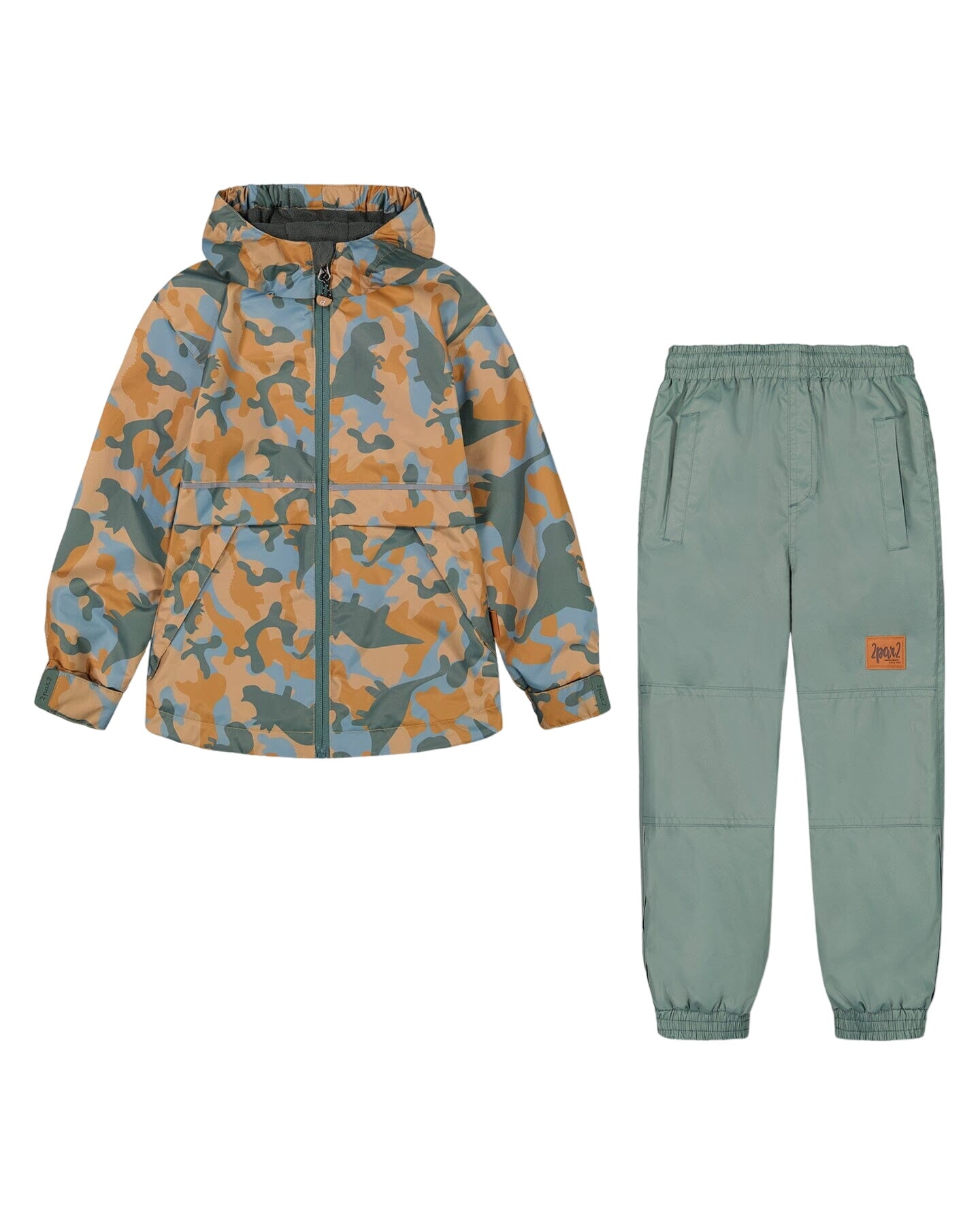 Two Piece Hooded Coat And Pant Mid-season Set Beige Printed Camo Dinos Forest Green