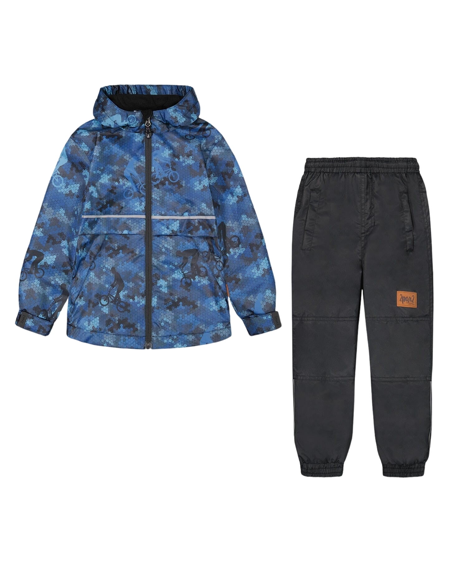 Two Piece Hooded Coat And Pant Mid-season Set Blue Printed Bike And Black