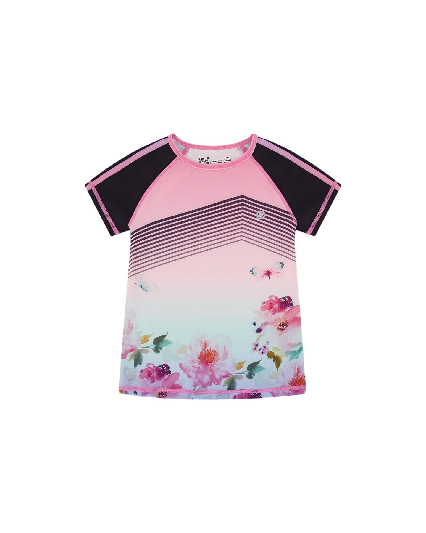 Short Sleeve Athletic Top Gradient Pink Printed Big Flowers