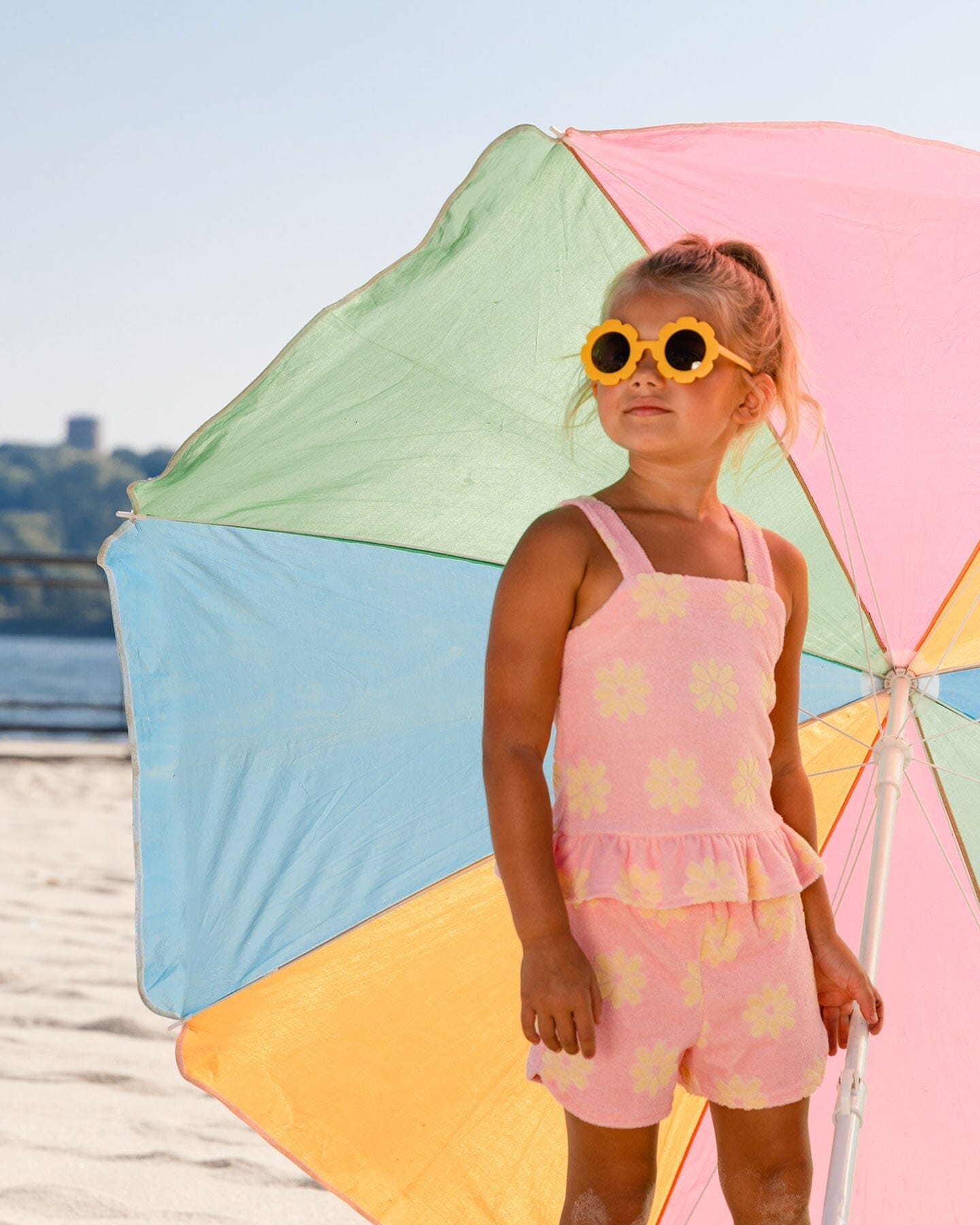 Terry Cloth Tank Top And Short Set Pink Printed Daisies