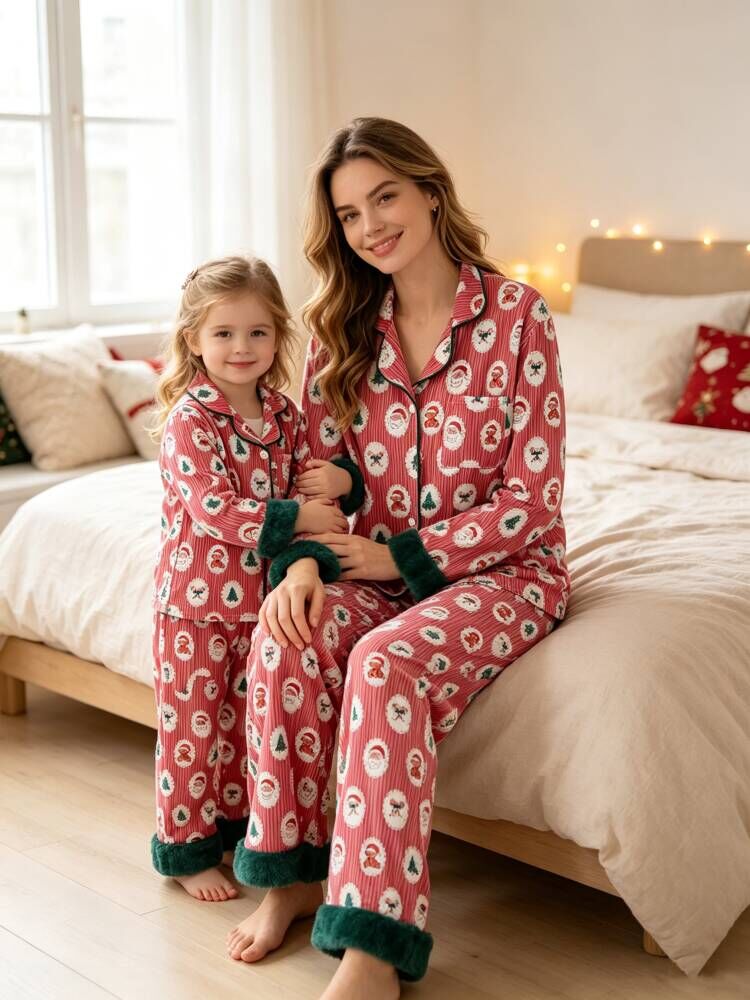 Mommy And Me Christmas Santa Print Pajama Set With Fur Trim