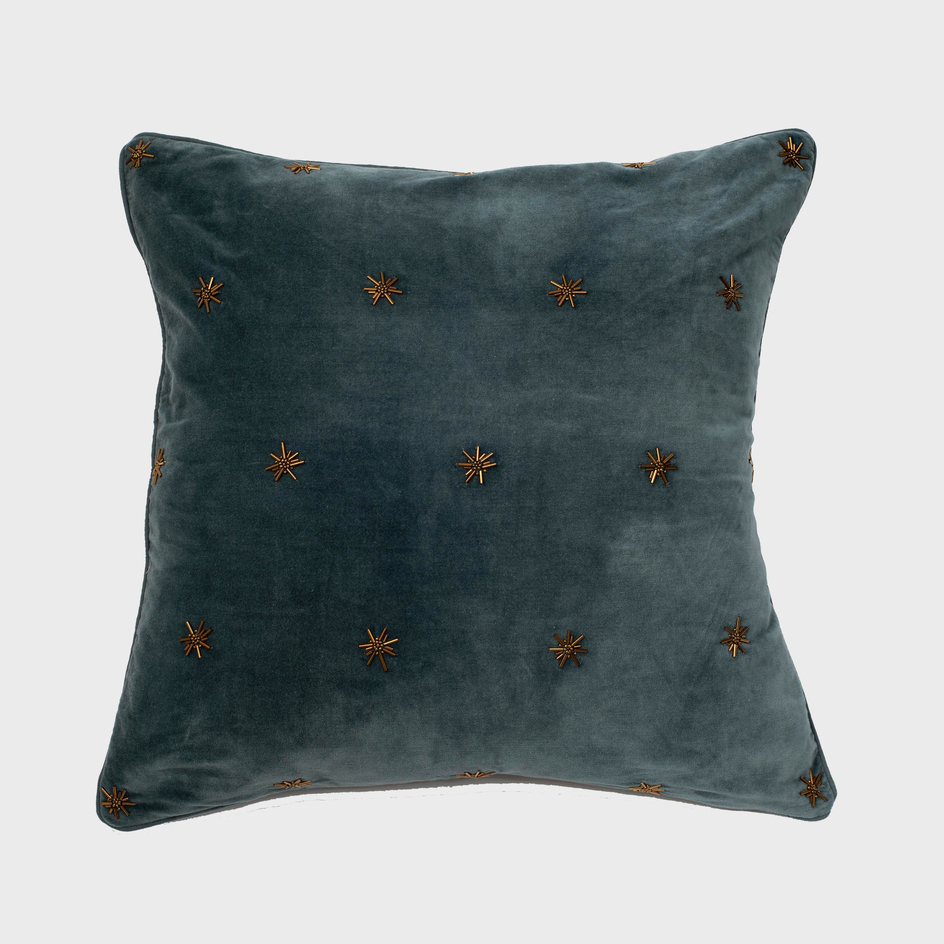 Embroidered Star Pillow, Dark Grey Cotton Velvet